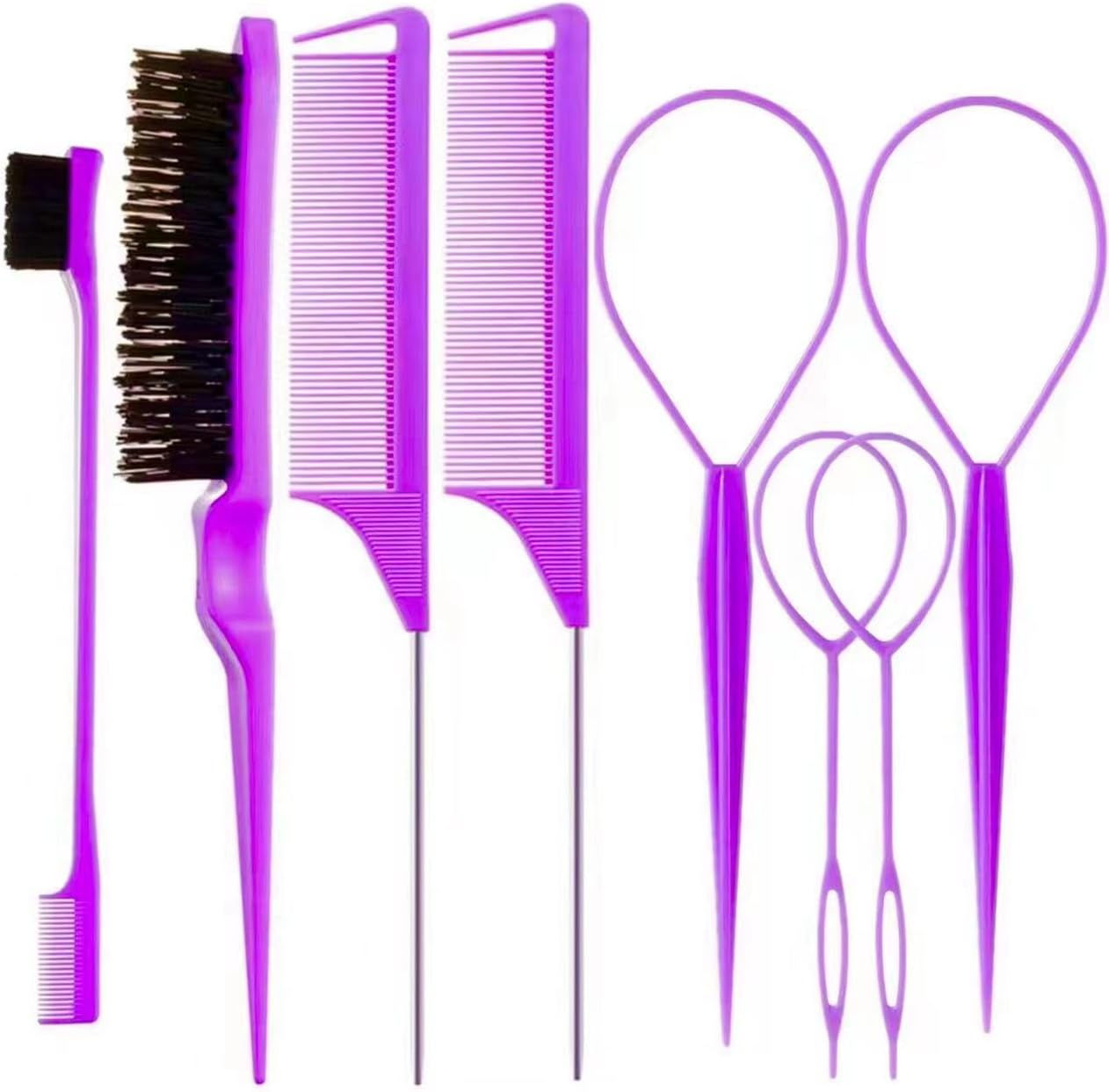 8Pcs Hair Brushes Set with 4Pcs Topsy Hair Tail Tools 1Pcs Bristle Teasing Hair Brush 1Pcs Edge Control Brush 2Pcs Metal Pin Rat Tail Combs for Woman Girl Hair Styling,Edge&Back Brushing Purple image number 4