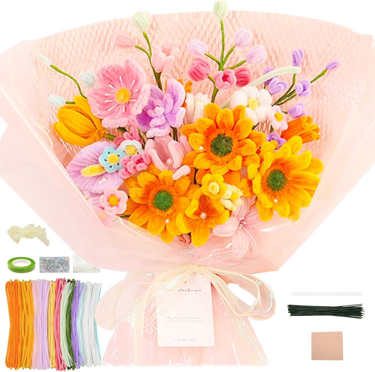 Pipe Cleaners Craft - Pipe Cleaners Flowers, Pipe Cleaner Flower Kit, DIY Pipe Cleaners Flower Bouquet Craft Supply Kit for Art Project Activity, Birthday Anniversaries Graduations Gifts image number 5