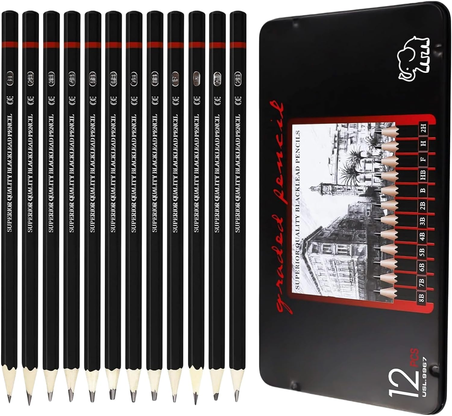 MAIHUO 12 Pcs Graphite Pencils Set,Drawing Sketch Pencil Set,Art Set for Adults,Beginner,Profession Sketch Pen,8B,7B,6B,5B,4B,3B,2B,B,Hb,F,H,2H