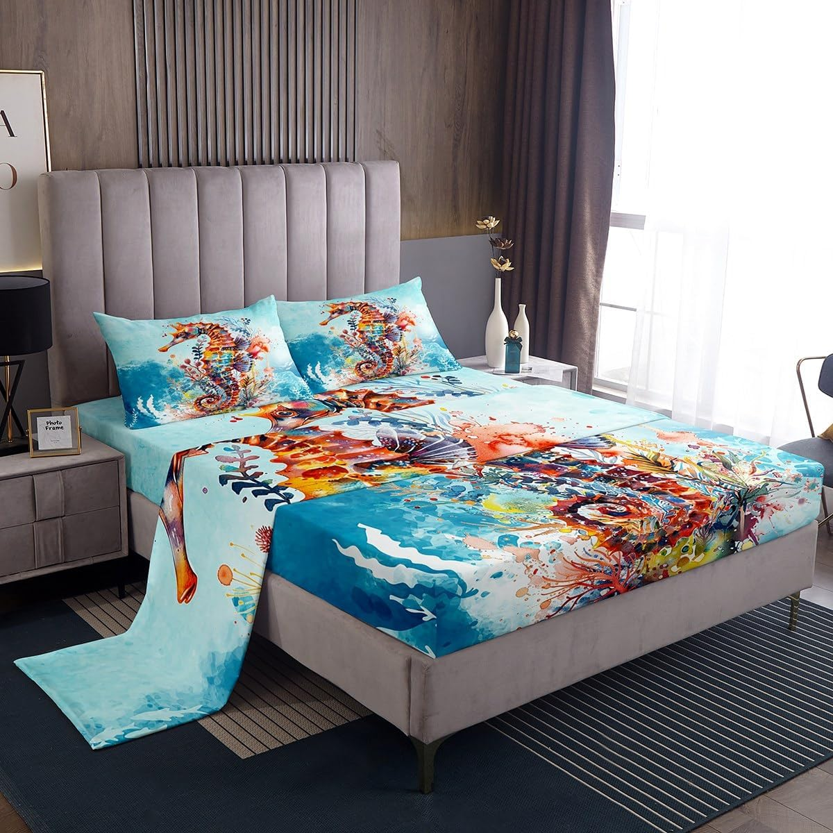 Feelyou Seahorse Sheet Set Queen Ocean Creature Themed Sheets with Deep Pocket Fitted Sheet Sea Creature Underwater World Bed Sheets Set Marine Life Sealife Bedding Set Room Decor Underwater Bed Set