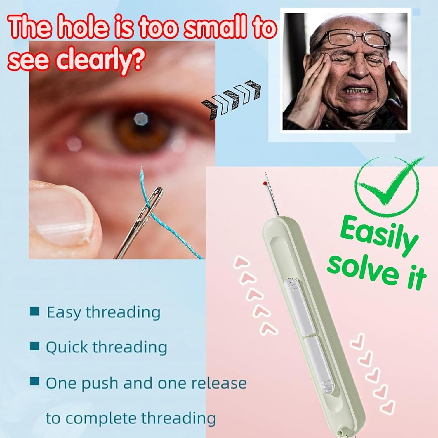 Hunken 3 Pcs 2-In-1 Needle Threader and Seam Ripper Tool, Portable Sewing Accessories, Quick Automatic Needle Threading Device, Stretchable Plug-In Threader for Hand Sewing, Quilting & Knitting image number 5