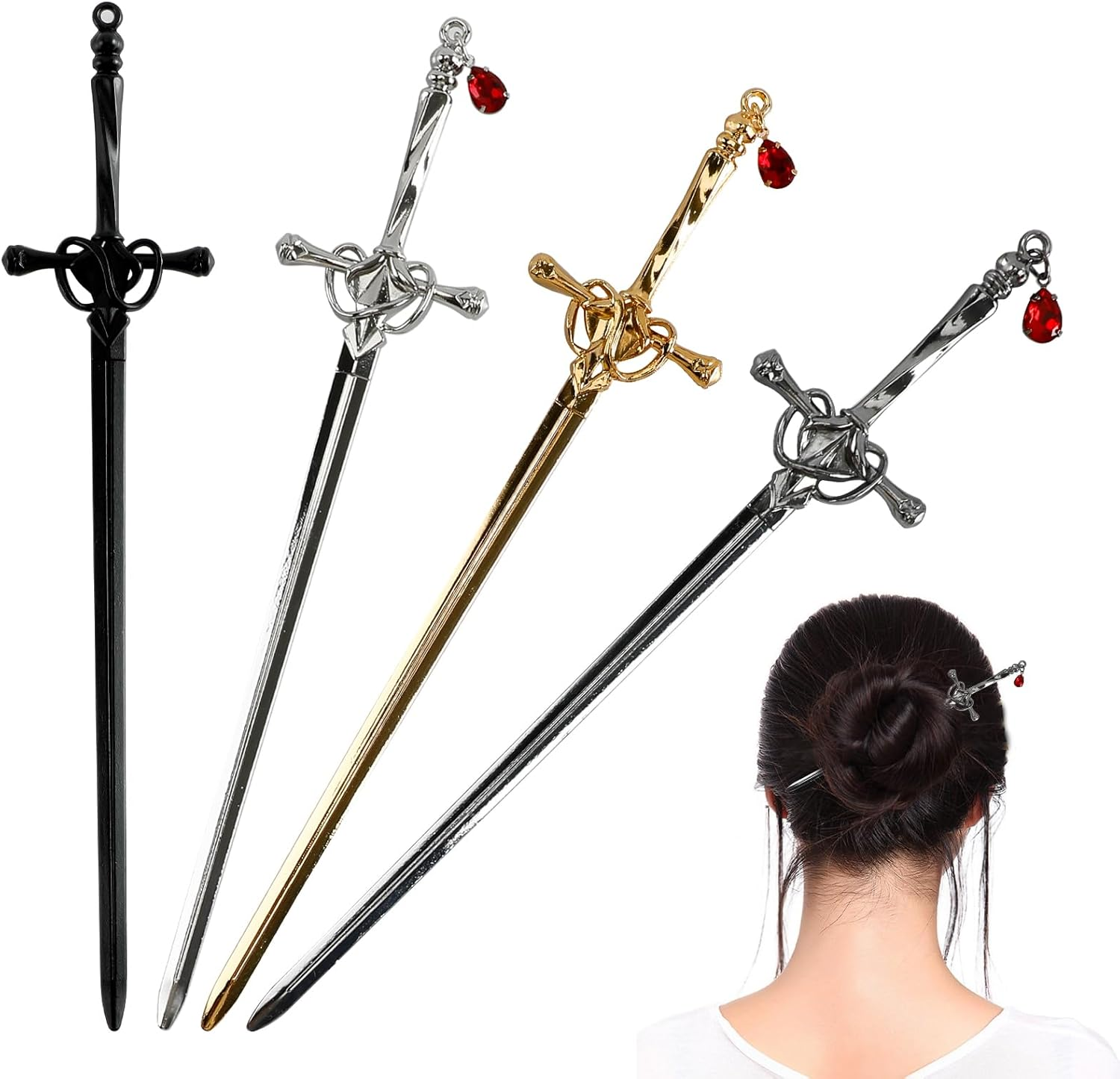 4Pcs Ancient Style Sword Hair Chopsticks Chinese Style Hair Sticks for Bun Hair Long Hair Classic Vintage Flower Hair Sticks Women Girl Gifts image number 4