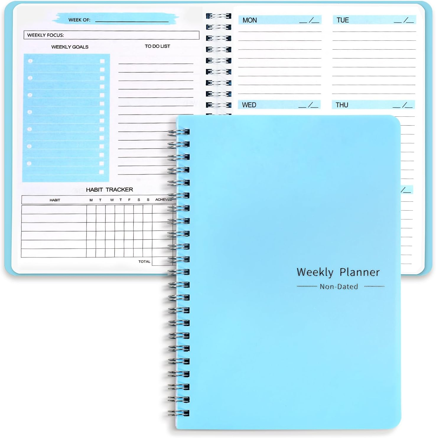 Undated Weekly Agenda, A5 English Spiral Notebook, Work Agenda, Weekly Notes, Waterproof PVC Cover (Blue) image number 6