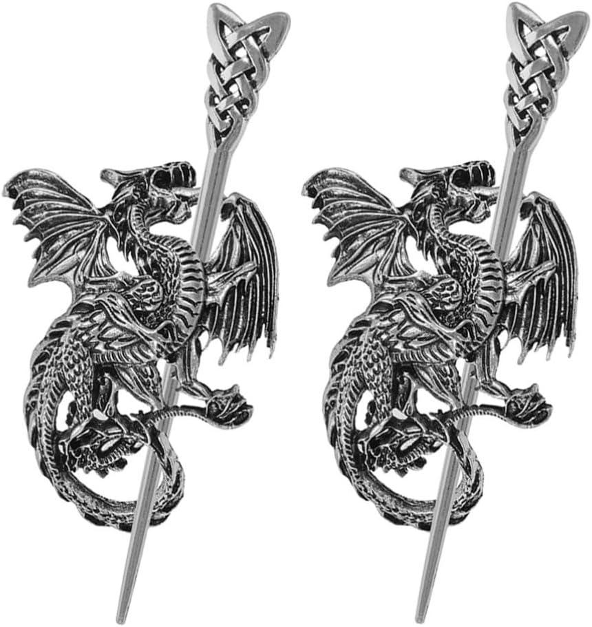 Minkissy Viking Dragon Hook Clips Vintage Punk Gothic Hair Stick Antique Silver Metal Hair Pins Hair Bar Sticks Retro Hair Accessories for Men Women Fashion Jewellery Pack of 2 image number 1