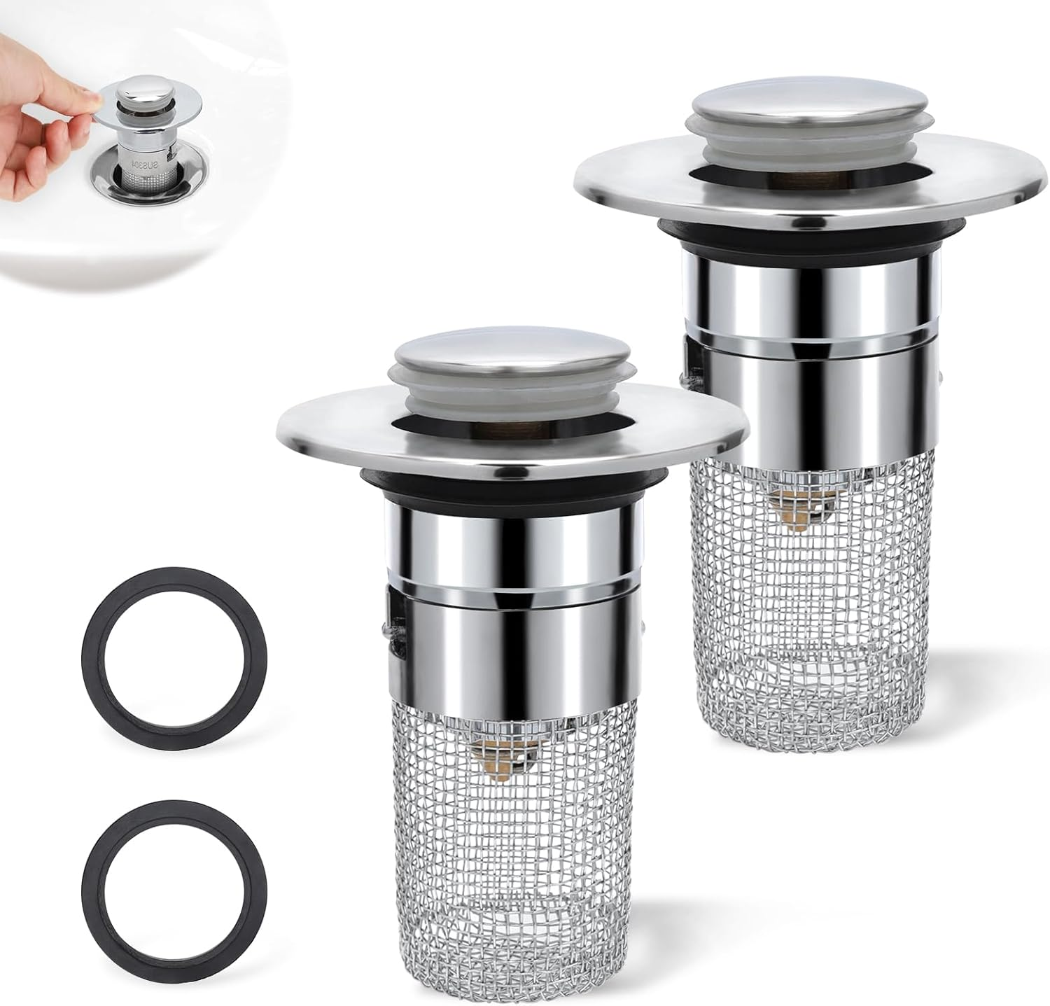2Pcs Stainless Steel Floor Drain Filter, Pop-Up Sink Drain Filter Bathtub Sink Drain Strainer Multifunctional Bathroom Sink Stopper with Detachable Filter Basket for Kitchen Bathroom image number 3
