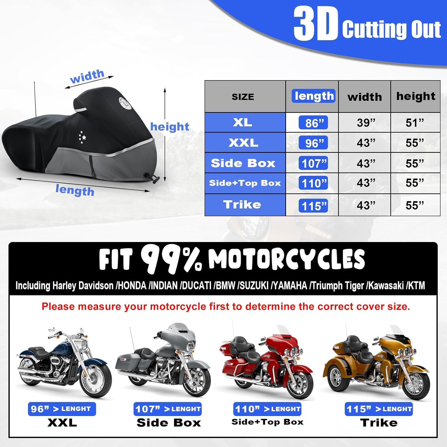 LIBZAKI Motorcycle Cover 96" XXL Vehicle Cover/Gray