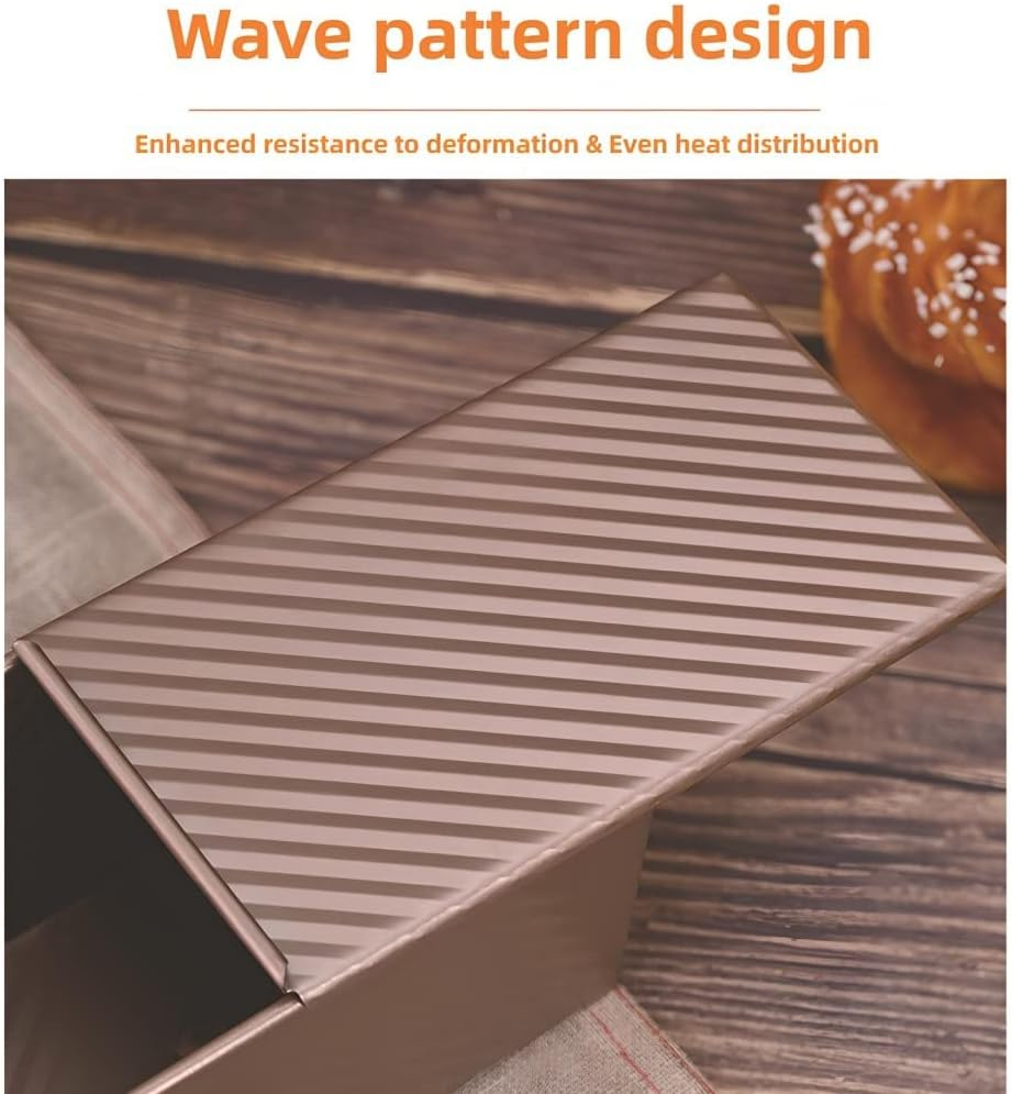 Kitment Loaf Pan with Lid, Bread Tin, 0.99Lb Non-Stick Carbon Steel Bread Bakeware Toast Mold Rectangle Corrugated Toast Box for Oven Baking with Bench Scraper, Oil Brush