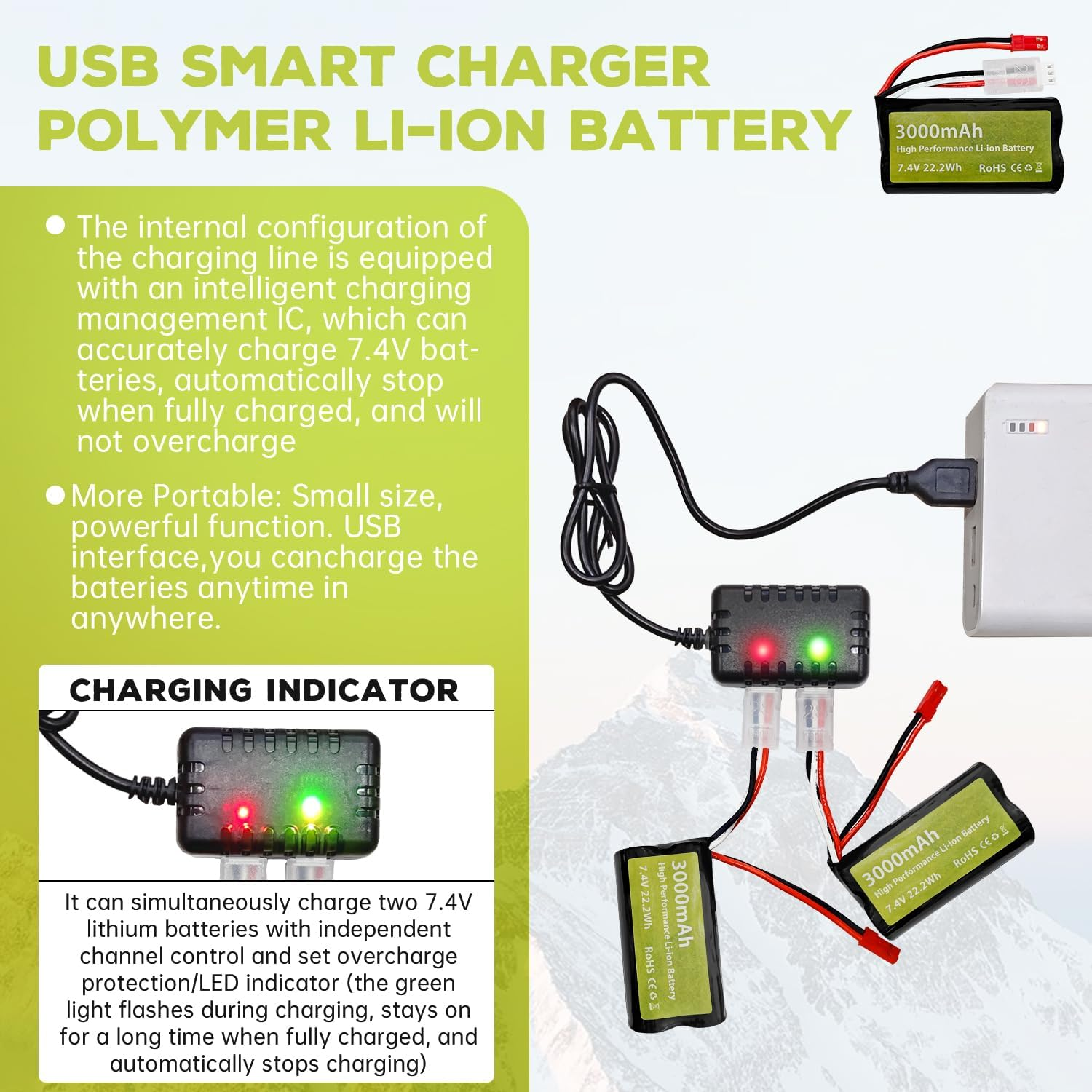 Fytoo 2PCS 7.4V 3000Mah 15C 2S Li Ion Battery with JST-2P Plug and 2In1 Charger for UDIRC UD1601 UD1602 SG1603 RC Car 1/10, 1/12, 1/16 Ratio RC Car Truck RC Ship Drone Engineering Vehicle Battery