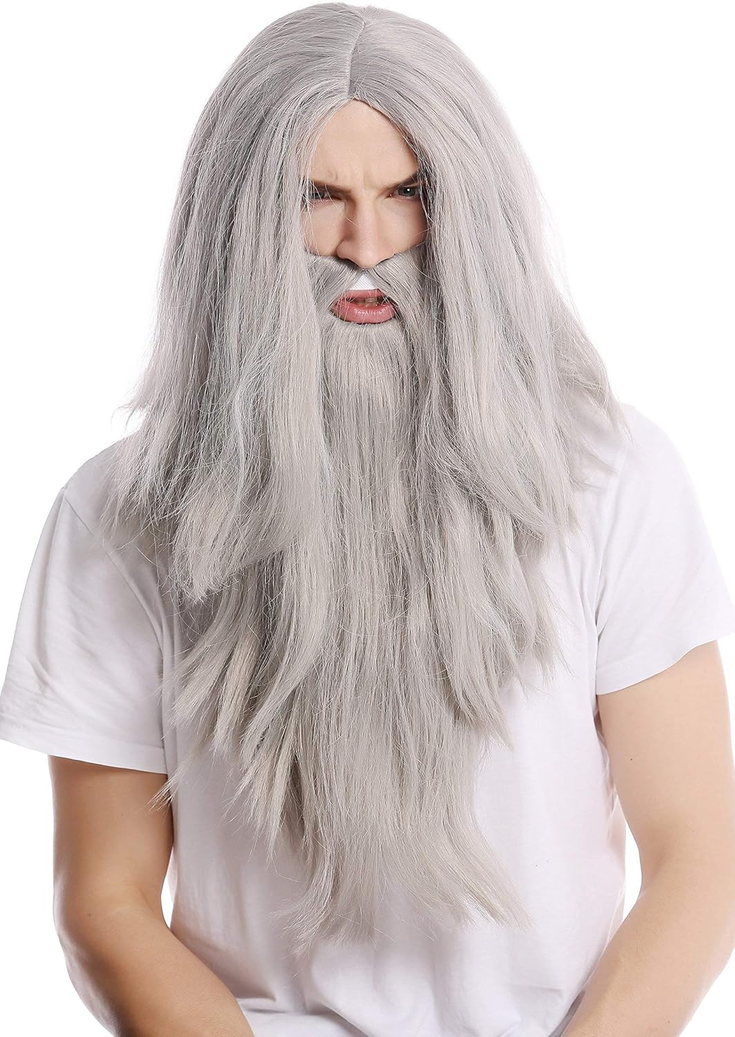 WIG ME up - PW0210-ZA68E Wig & Beard Halloween Carnival Long Straight Grey Wizard Servant Ruprecht Prophet Old Biker