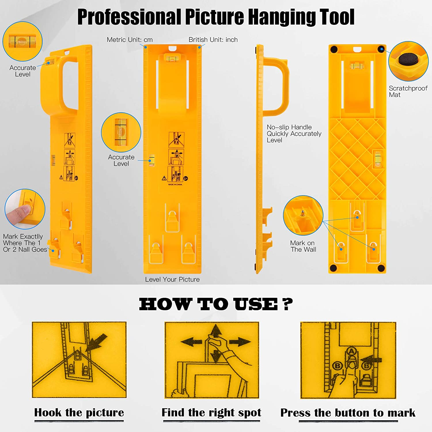 Glarks 307Pcs Picture Hanging Kit, Picture Frame Hanger Tool with Level Ruler and 306Pcs Nails, Hooks, Hanging Wire, Screw Eyes, D Ring and Sawtooth Hanger for Frame Hanging Wall Mounting image number 2