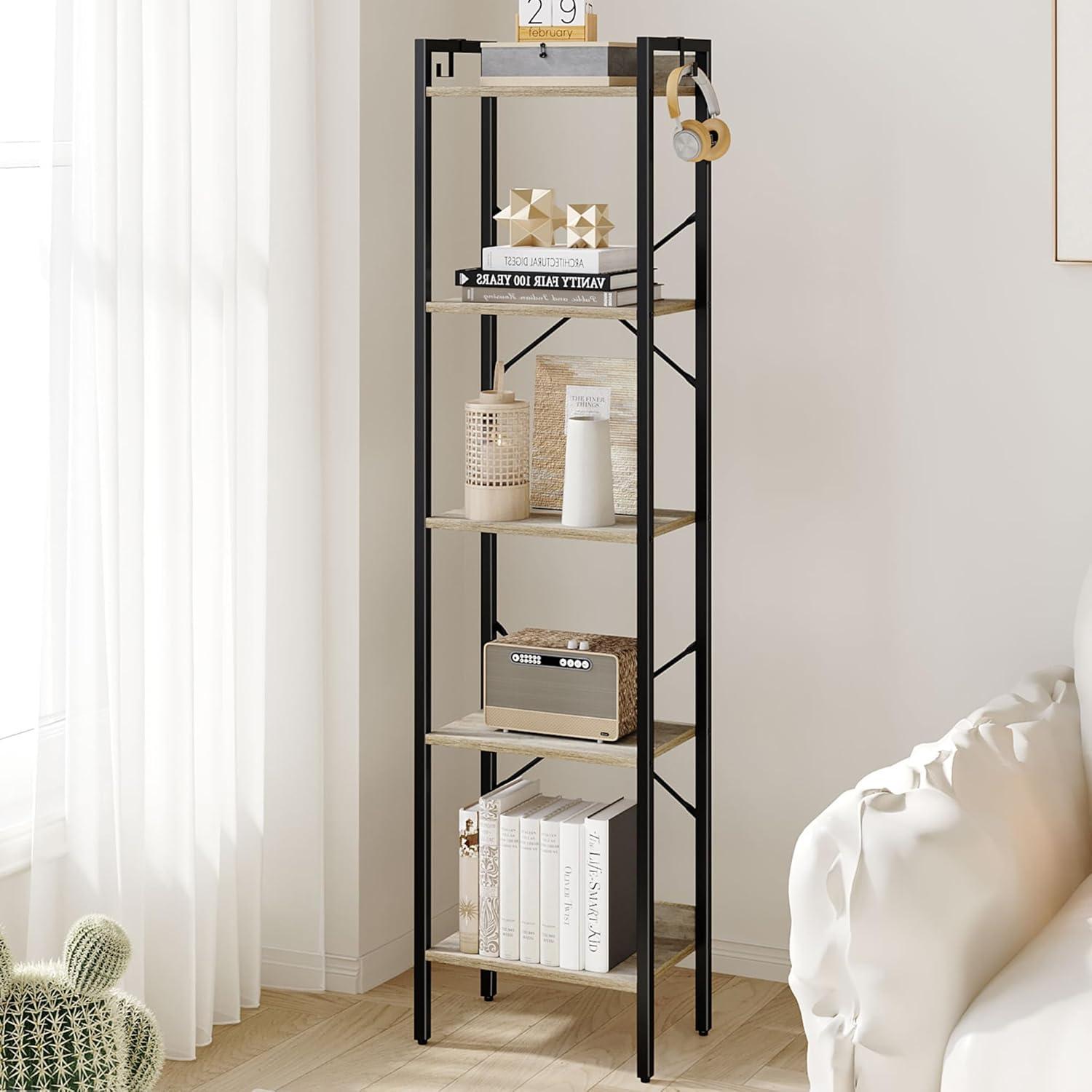 Hzuaneri Bookshelf, Book Shelf, Industrial Bookcase with 2 Hooks, Coner Shelf Storage Organizer for Home Office, Living Room, Bedroom, Kitchen, 6-Tier White BC10713W