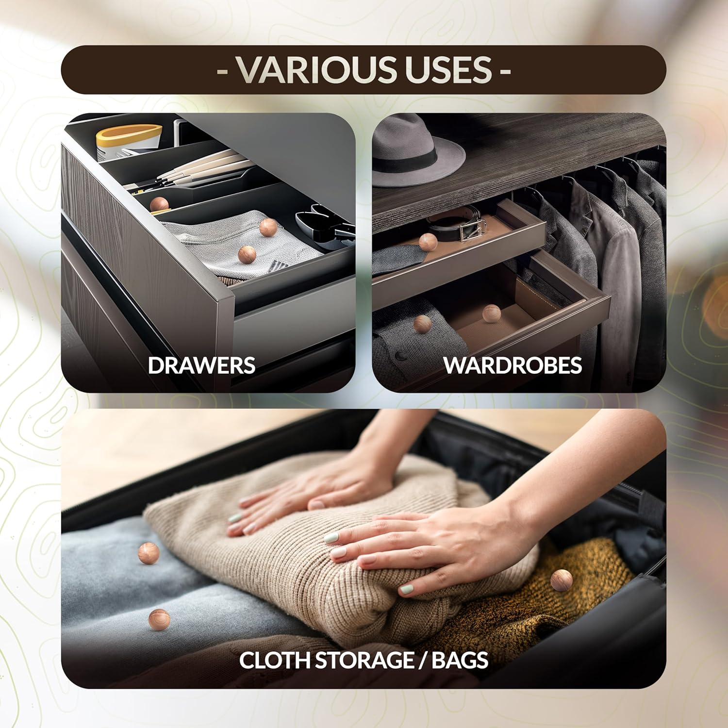 Moth Balls 50 Pack &ndash; 100% Natural Cedar Balls, Chemical-Free Cedarwood Moth Repellent for Wardrobes and Drawers | Long-Lasting Moth Balls for Clothes Storage, Drawers & Closets image number 6