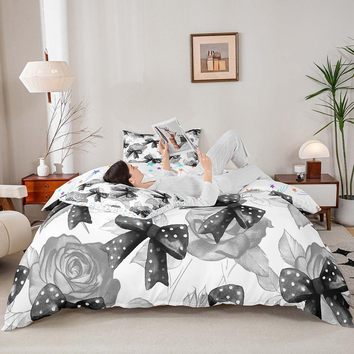Homemissing Black White Bowknot Duvet Cover Set Double Size for Kids Girls Teens Bedroom Cute Coquette Bow Bedding Set Rose Bow Ribbon Comforter Cover with 2 Pillowcases image number 4
