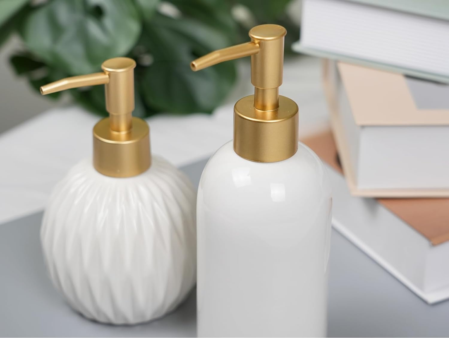 Feesok Ceramic Soap Dispenser White with Gold Pump,Simple Design Cylindrical Lotion Dispenser Bottle,Refillable Liquid Hand Soap Dispenser for Kitchen,Bathroom,Washroom - Black（B） image number 3