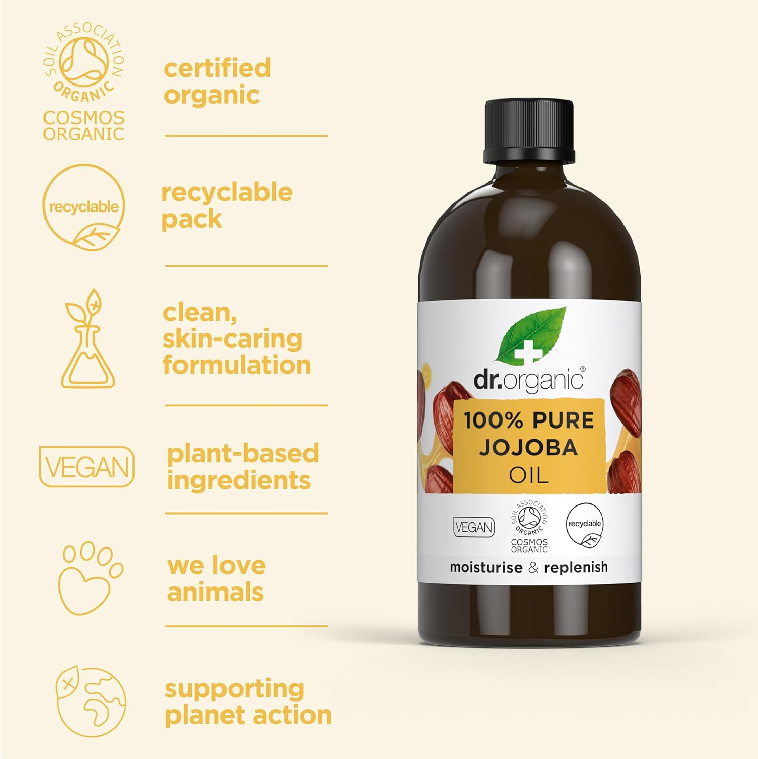 Dr Organic Jojoba Oil, 100% Pure & Natural, Moisturising, Multi Action, Face, Body & Hair, Massage, Carrier Oil, Aromatherapy, Vegan, Cruelty Free, Paraben & SLS Free, Certified Organic, 100Ml image number 6