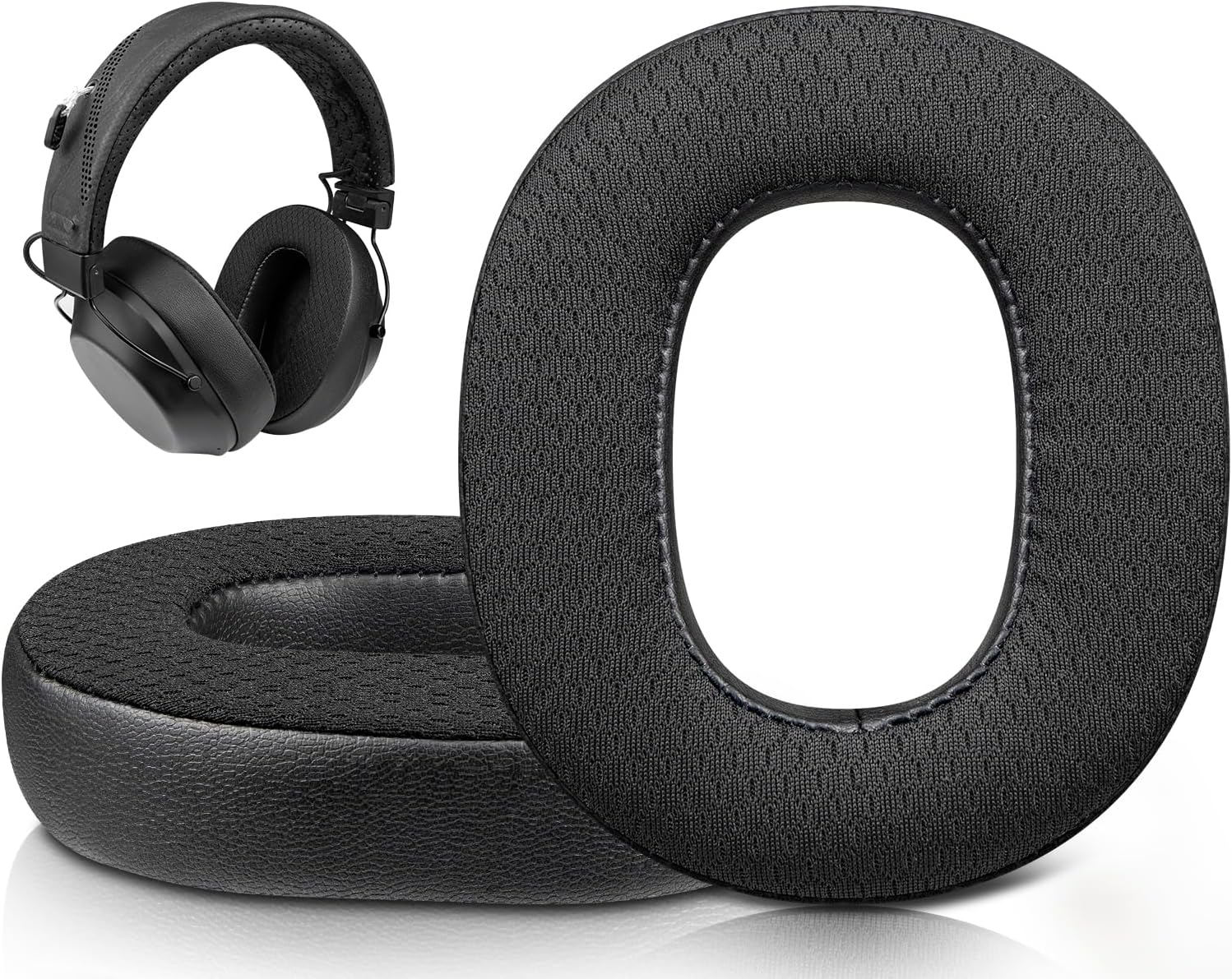 SOULWIT Mesh Fabric Replacement Earpads for Plantronics Backbeat FIT 6100 (FIT6100) Wireless Bluetooth Headphones, Ear Pads Cushions with Noise Isolation Foam, Added Thickness - Black image number 1