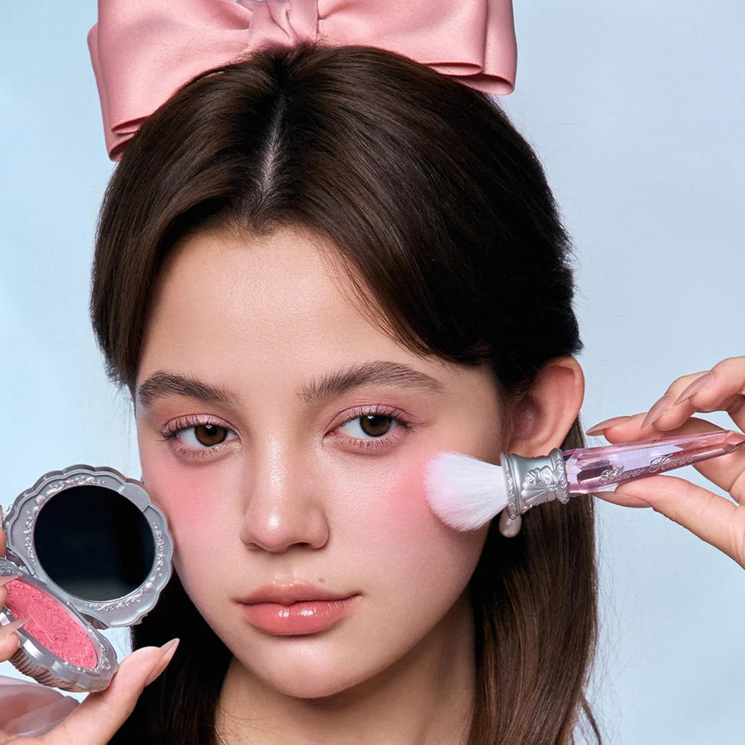 Flower Knows Shell'S Jewel Angled Blush Brush,Soft Powder Blush Brush for Cheeks,Face Makeup Brush for a Sculpted Look,Lightweihgt,Vegan & Cruelty-Free(Crystal Pink) - Shell'S Jewel-Crystal Pink image number 3