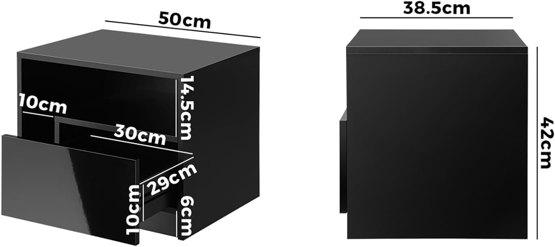 Oikiture LED Bedside Table High Gross Nightstand Drawer Home Furniture Black image number 2