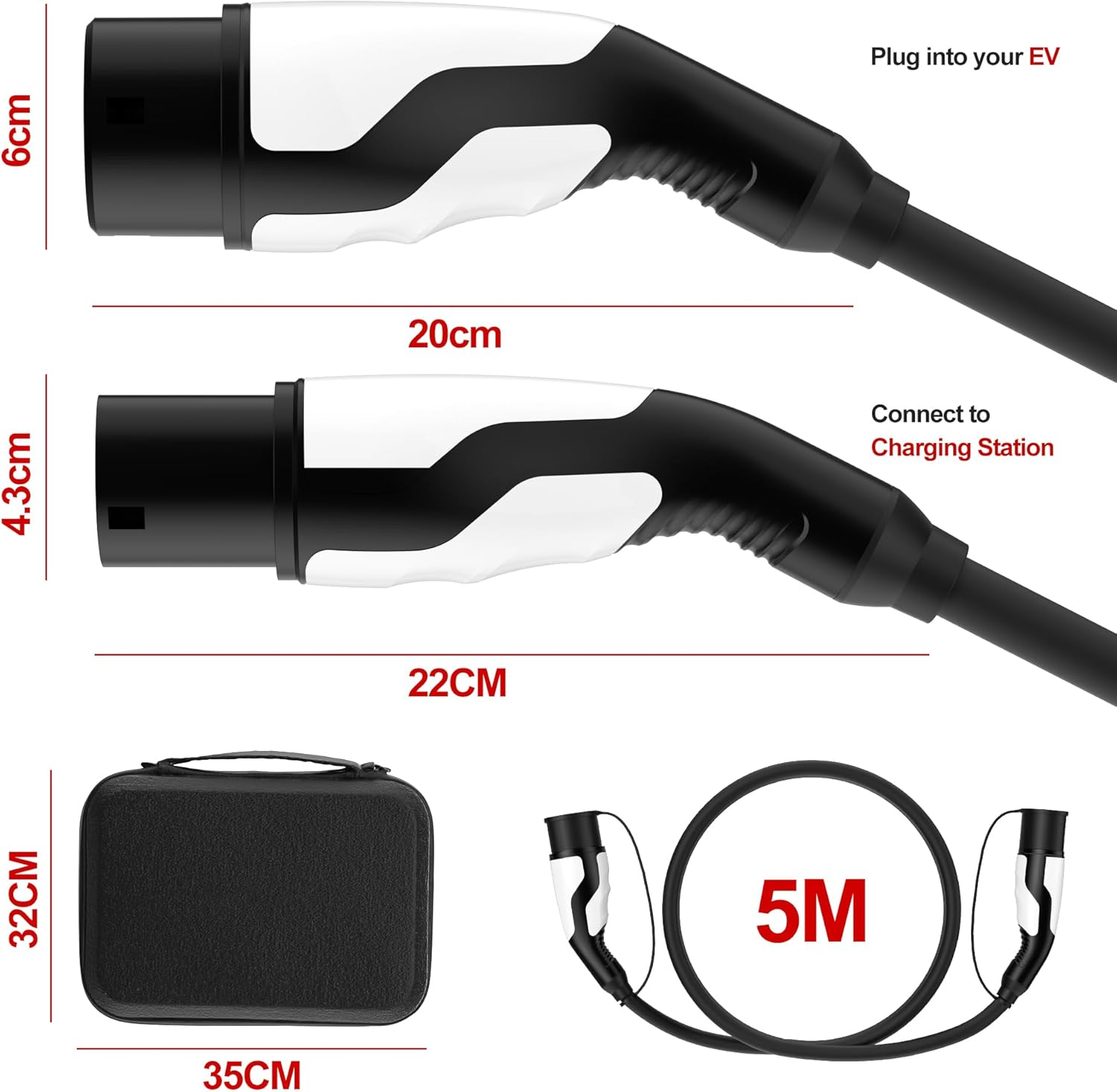 Oppsbuy 5M EV Charging Cable, Type 2 to Type 2 Portable EV Charger 3 Phase, 22Kw 32A Electric Vehicle Charger Compatible with Tesla, BYD, BMW, MG, KIA