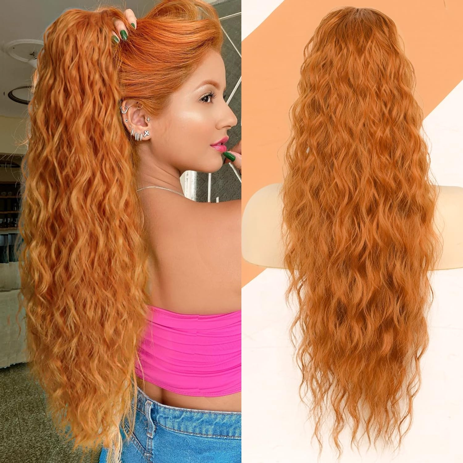 PORSMEER Ponytail Hairpiece Long 75 Cm with Drawstring Wavy Curls Ponytail Extension Ginger Orange Natural Clip-In Hairpiece Ponytail Hair Braid for Women Afro Braid Hair Extensions