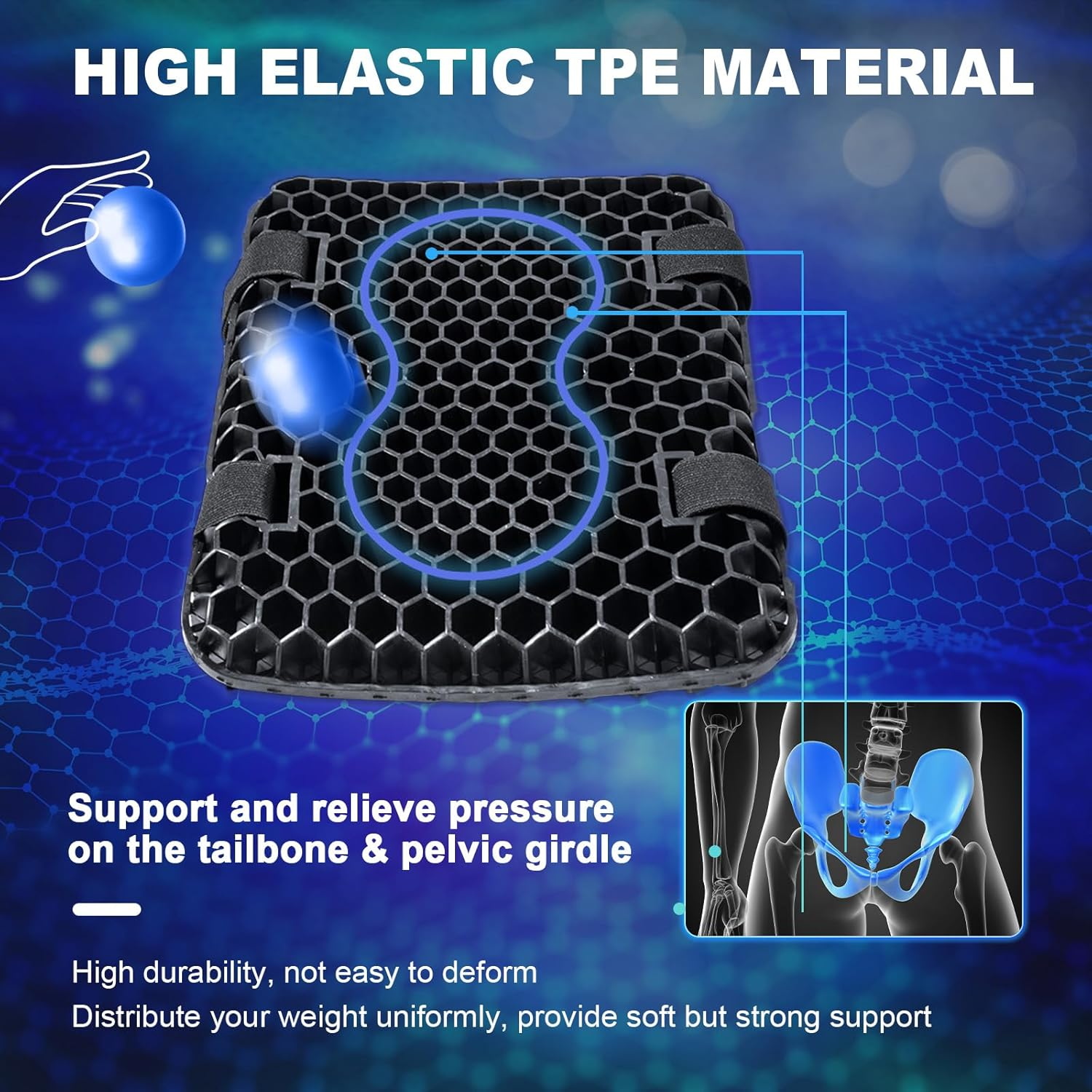Motorcycle Gel Seat Cushion, 3D Honeycomb Shock-Absorbing, Hollow and Breathable, Hel Material Is Compressive, Non-Breaking, Non-Hardening, Soft and Comfortable (Small Rectangular Style) image number 2