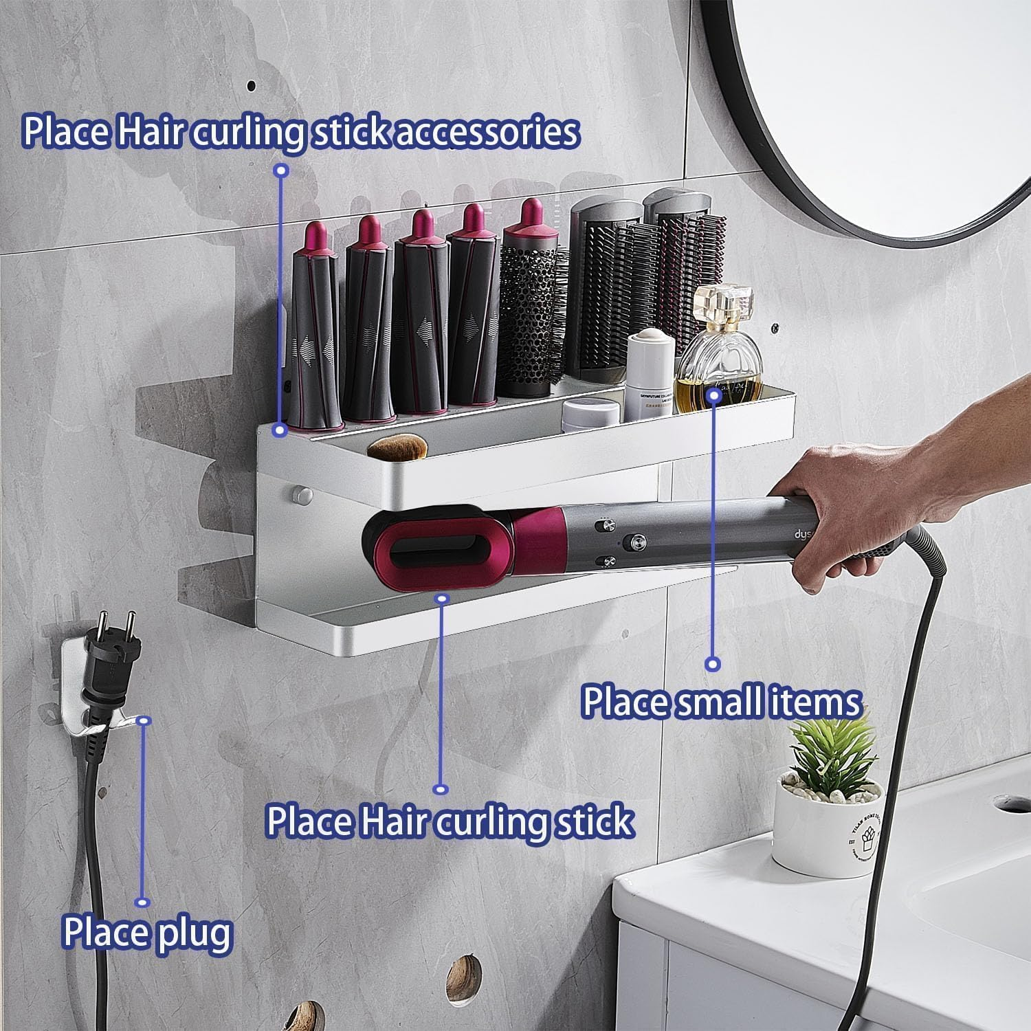 Wall Mounted Storage Holder for Dy Son SS304, Airwrap Curling Iron Accessories Wall Mounted Rack Bracket Stand for Dy Son SS304, for Bathroom Attachments Hair Dryer Organizer, 2 Layers (White)