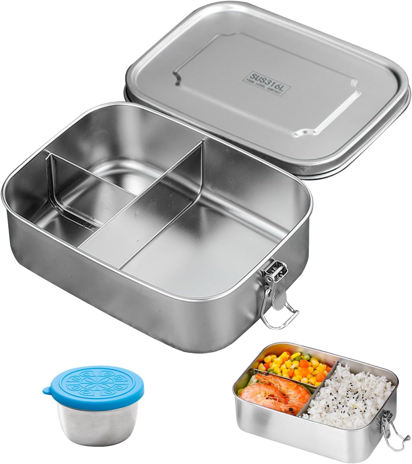 Stainless Steel Bento Lunch Box 1200ML, 3-Compartment Metal Lunch Box for Kids & Adults, Eco-Friendly Meal Prep Container with 45Ml Leak-Proof Dip Container image number 6