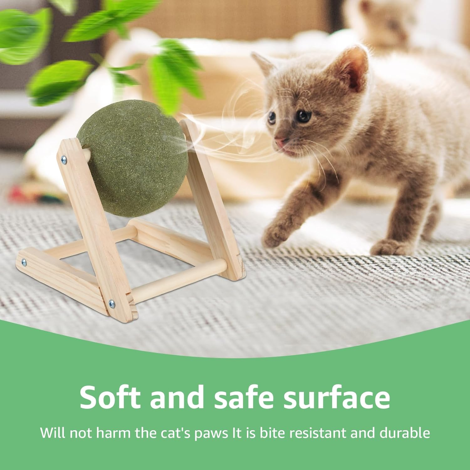 Cat Mint Ball Toy, Catnip Floor Ball Toy with Wood Stand, Rotatable Catnip Roller Ball Floor Mount, Interactive Catnip Floor Toys for Cat Playing and Training (Large) image number 3