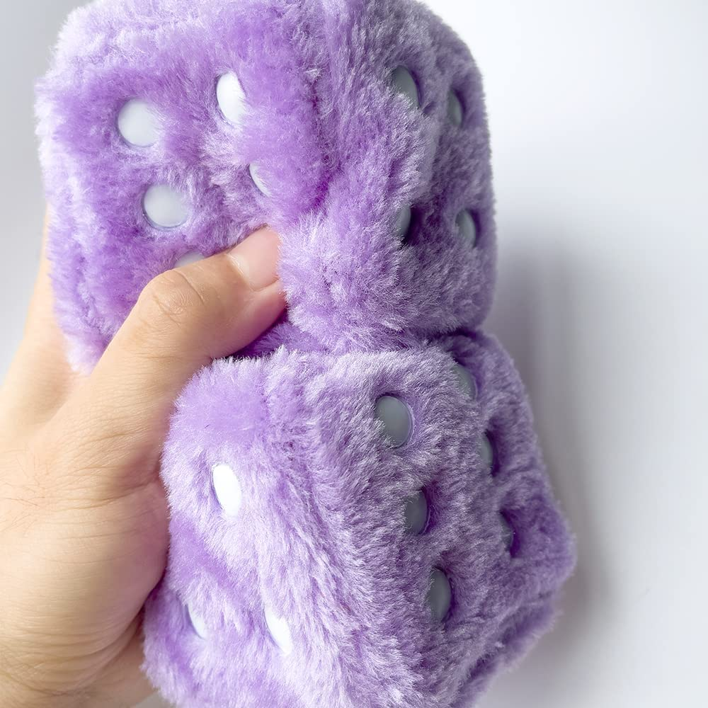 Pair 3&rdquo; Purple with White Dots Mirror Fuzzy Plush Dice, Purple and White Soft Plush Car Decorative Hanging Ornament. image number 5