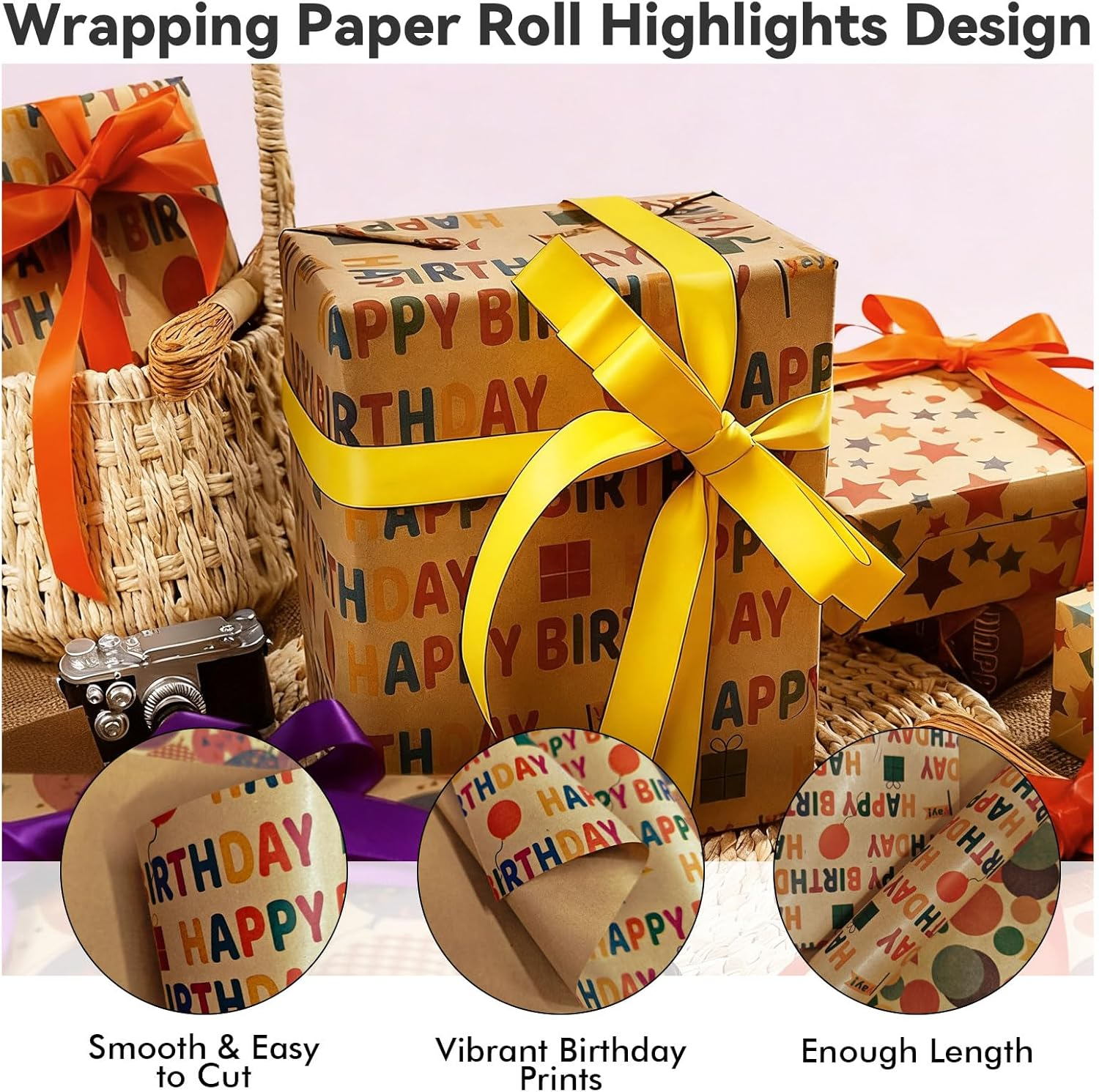 Birthday Wrapping Paper Roll &ndash; Colorful Happy Birthday Kraft Design &ndash; Thick, Wrapping Paper Birthday Gift Wrap Tear-Resistant for Gifts & Party Wrap, 43Cm Wide X 10M Long image number 2