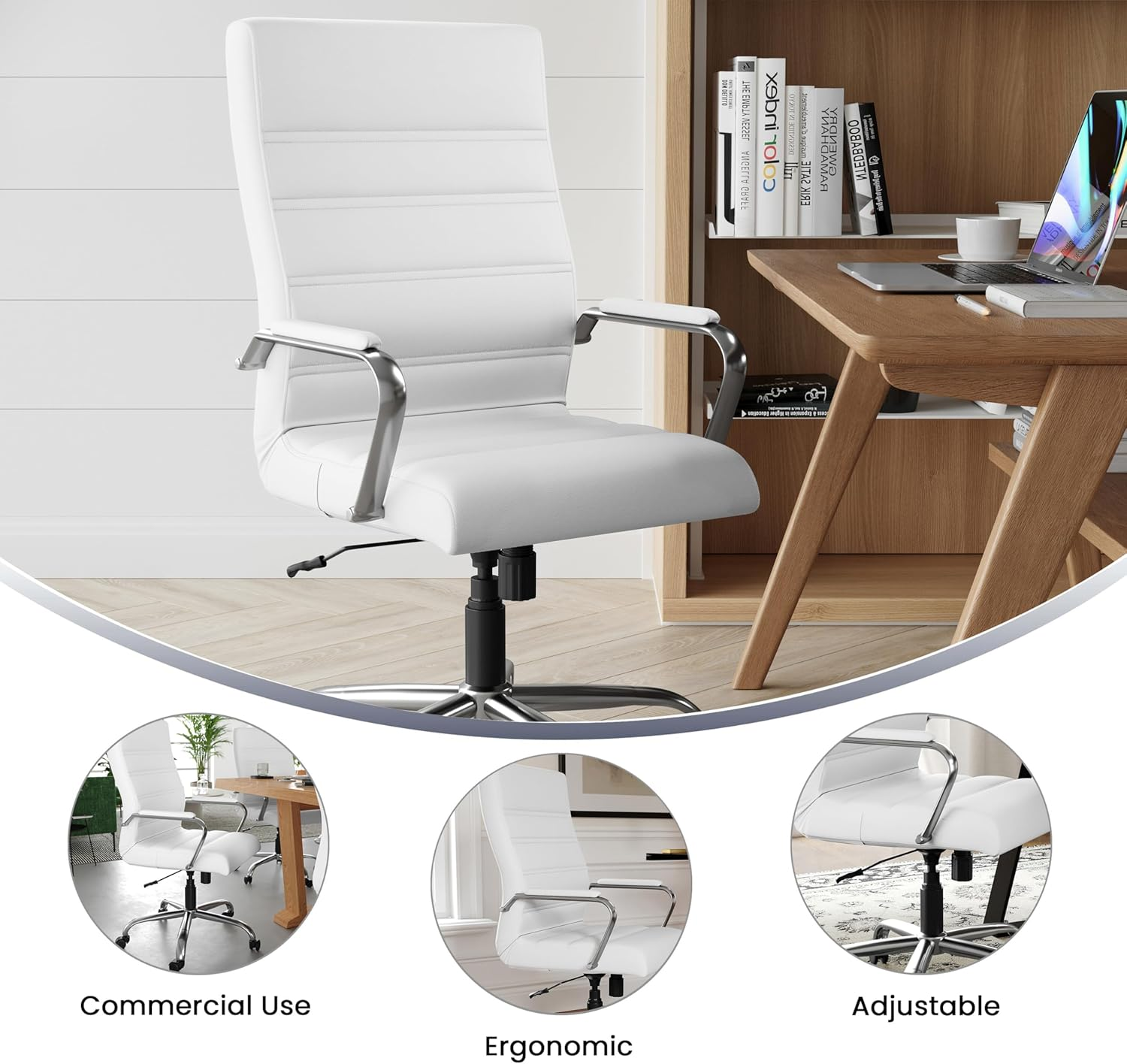 Flash Furniture High Back Office Chair | White Leathersoft Office Chair with Wheels and Arms image number 4