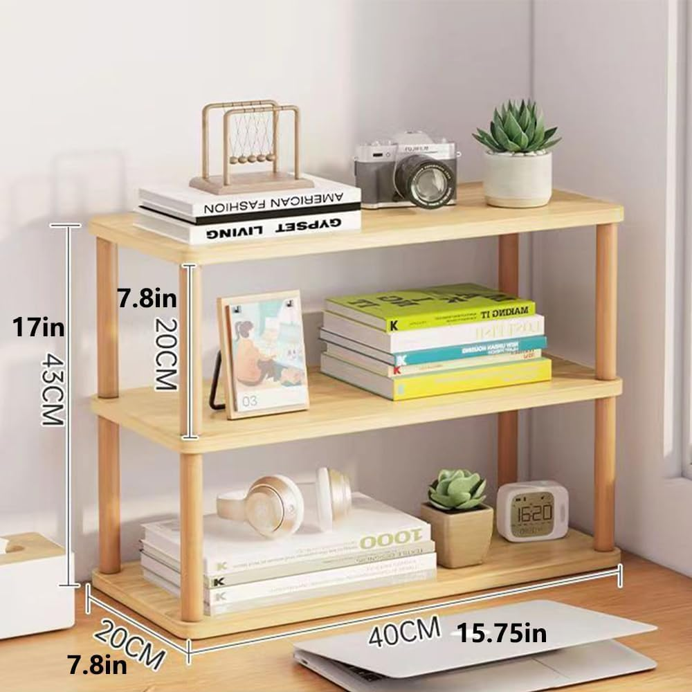 Hbluefat Desktop Organizer Shelf, 2-Tier Solid Wood Bookshelf Storage Rack, Small Countertop Bookcase Display Shelf for Home Office (Wood)
