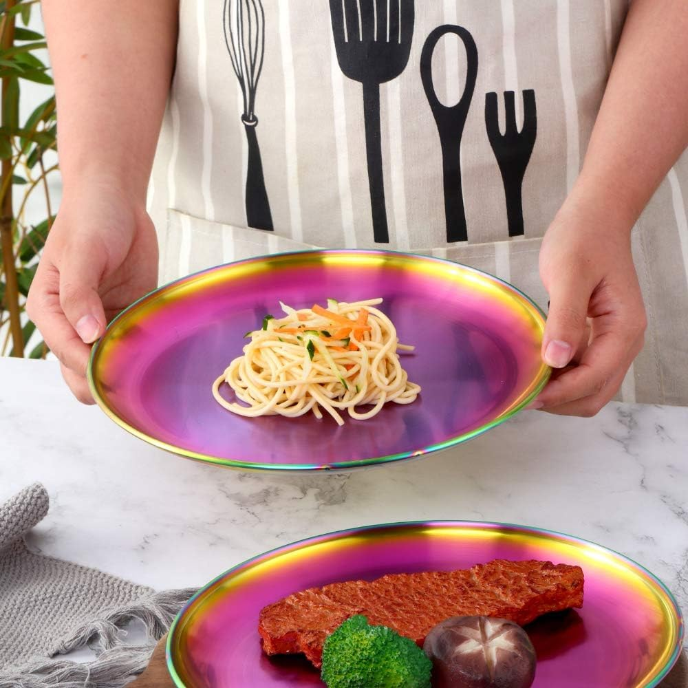 Stainless Steel Rainbow Plate Metal Plate 30 Cm Camping Serving Salad Plate Kid Tableware Set for 4 image number 2