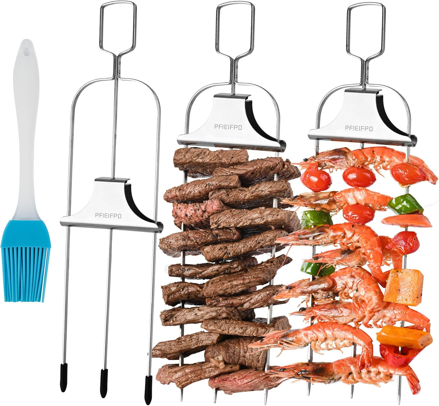 3PCS Grilling Savant 3Way Skewers,14Inch Metal Skewers for Grilling,Easy to Use Push Bar Slider,Bbq Accessory, Perfect for Meat,Veggies,Fruits,Marshmallow Roasting Sticks Grill Kabob Skewer. image number 3