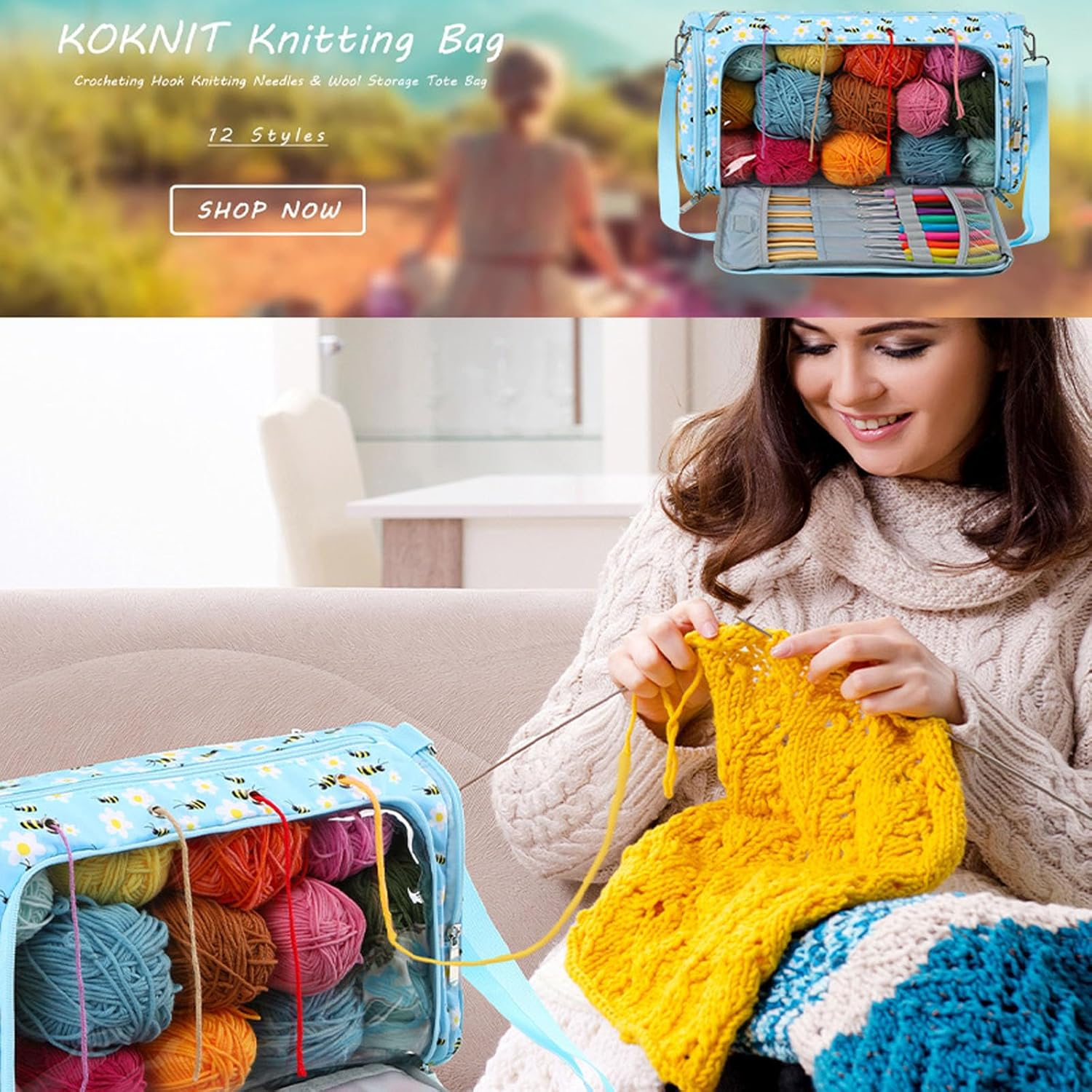 Yarn Bag with Holes for Crochet, Traveling Yarn Storage Organizer Crochet Bag and Tote for Crochet Supplies, Store Huge Amount of Stuff, Carry-On Carrier Bag Case Gifts for People Who Crochet image number 2