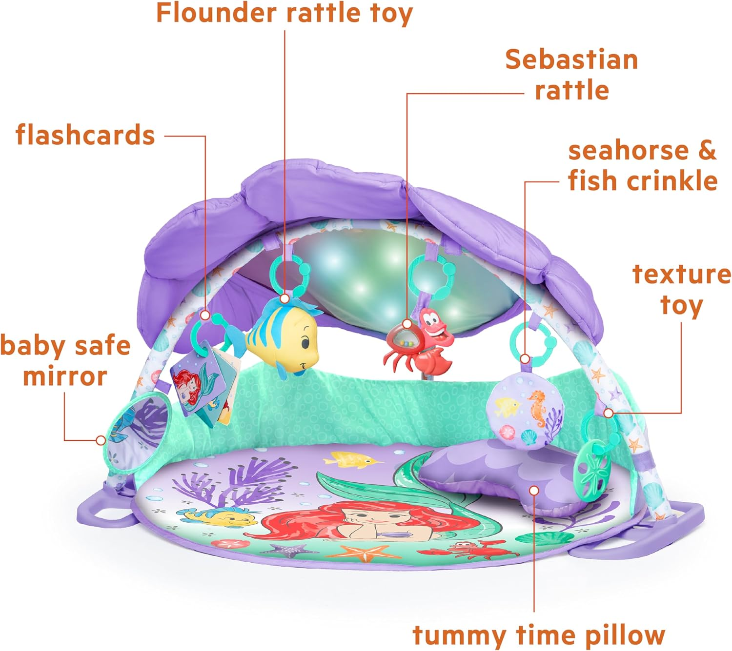Bright Starts Disney Baby the Little Mermaid Twinkle Trove Light-Up Musical Baby Activity Gym with Tummy Time Pillow, Newborn+ image number 4