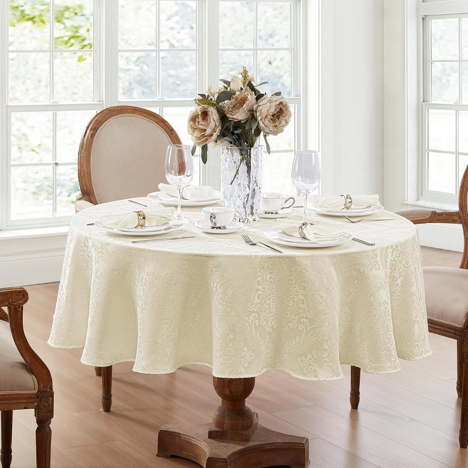 Elrene Home Fashions Caiden Elegance Damask Tablecloth, 60" X 84" Oval, Ivory