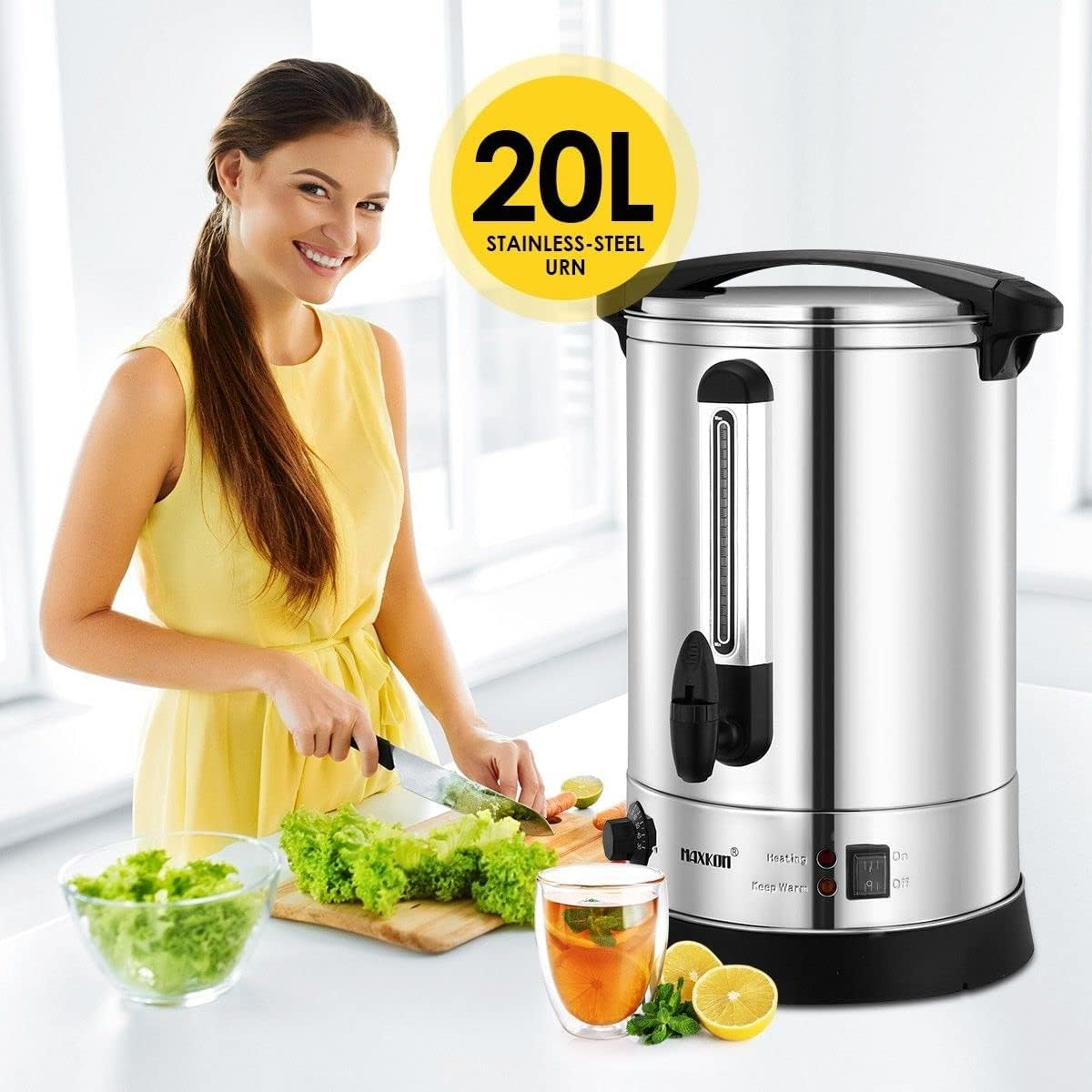 Maxkon 20L Electric Hot Water Urn by Healthy Choice | Double Layer | Stainless Steel Body | 2500Watt Power | Temperature Control | Premium Quality image number 1