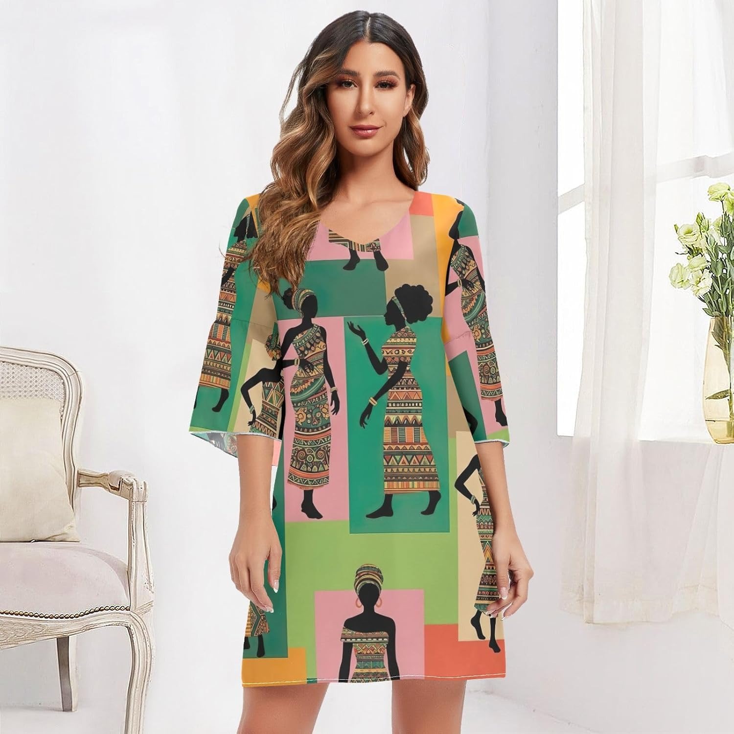 Retro Women Colorful Elegant V Neck Dress Printed Line Maternity Dress image number 5