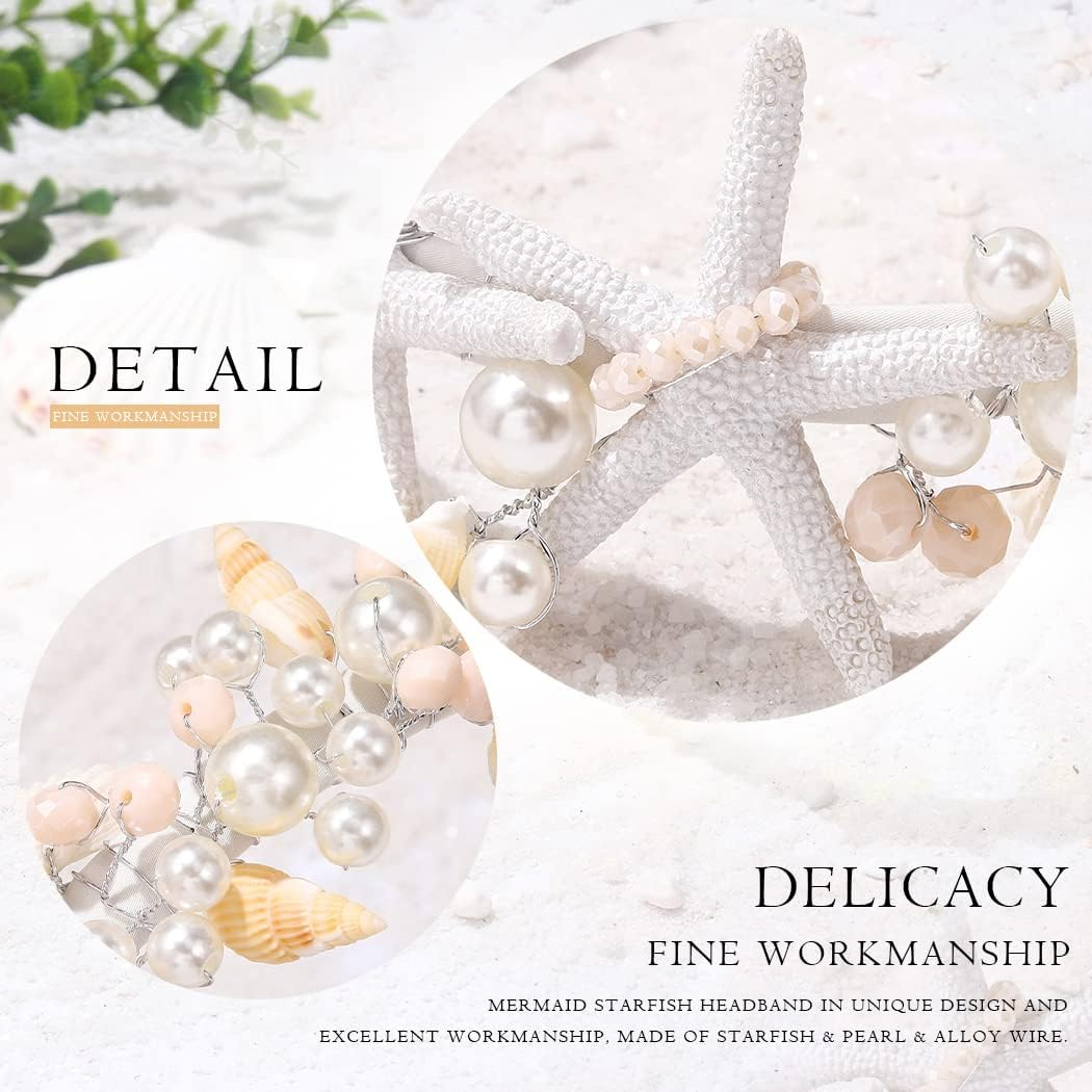 Kesvb Starfish Headband Silver Bride Pearl Hair Band Sea Shell Headpiece Beach Wedding Hair Accessories for Women and Girls