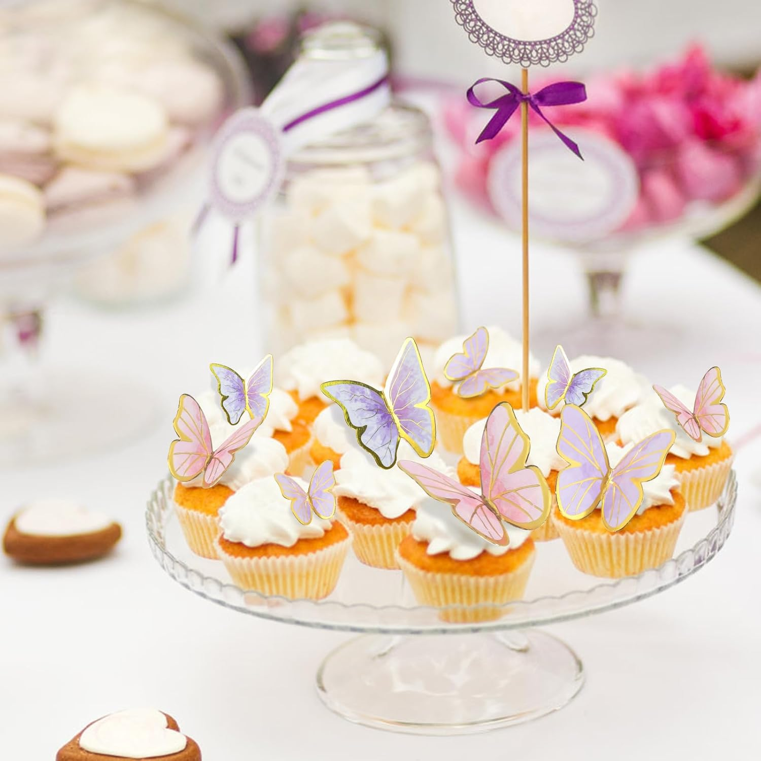 160Pcs Purple & Pink Butterfly Cake Toppers, Gold Edge Mixed Size Lively 3D Butterfly Cake Decorations for Birthday Wedding Cake Cupcake Decor Wall Party Supplies