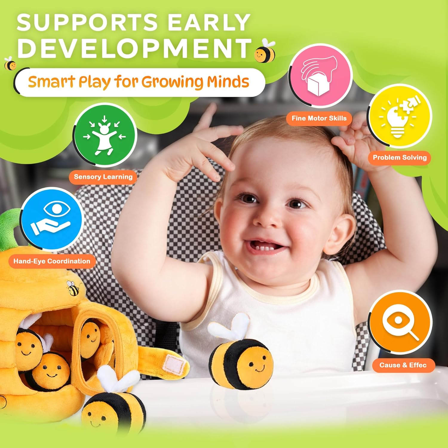 Nestoria Baby Plush Beehive Toy &ndash; Montessori Sensory Playset with 5 Soft Bees &ndash; Fine Motor Skill Development, Educational Plush Toy for Babies & Toddlers 6 12 36 Months | Baby Christmas Birthday Gift