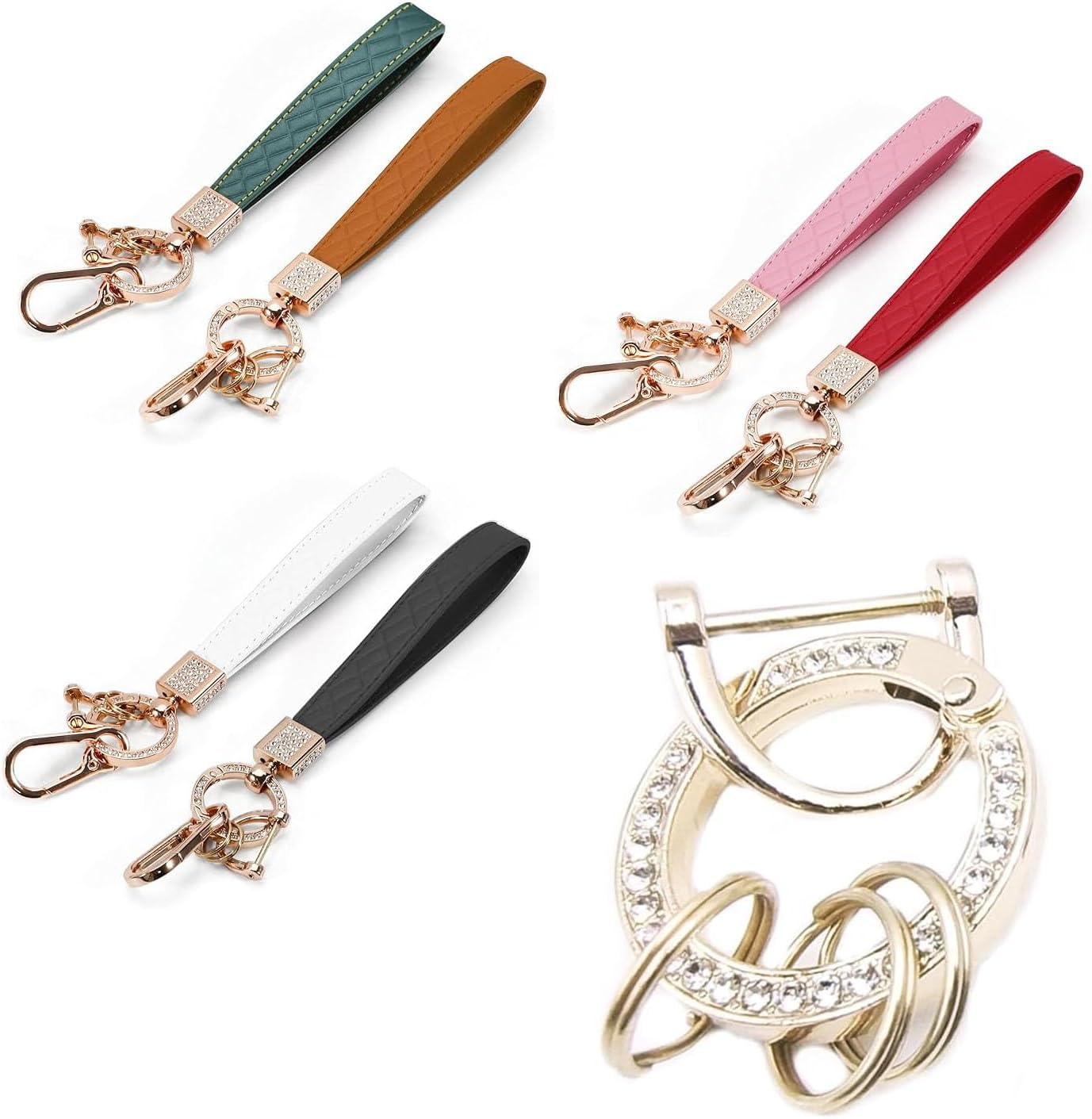 Leather Keychain Wristlet,2Pcs Leather Car Keychain Key Ring Lanyard Accessories,Rhinestone Inlaid Alloy Car Key Chain,360&deg;Rotatable Wrist Fob Keychain Holder,Car Key Chain Cover image number 4