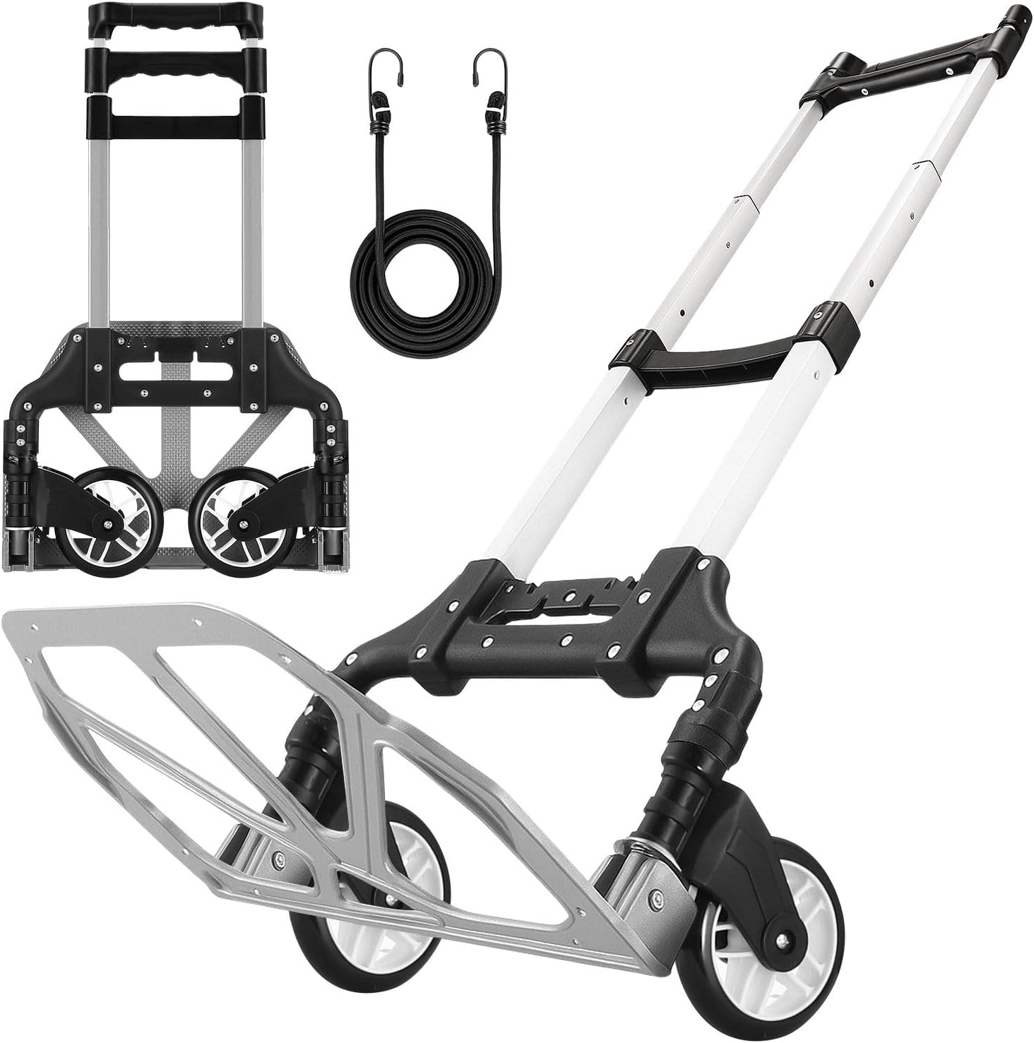 Hand Truck with Stair-Climbing Wheels Foldable Dolly Cart for Stairs Aluminum Utility Cart with Telescopic Handle & Elastic Rope for Luggage, Travel, Shopping 75KG