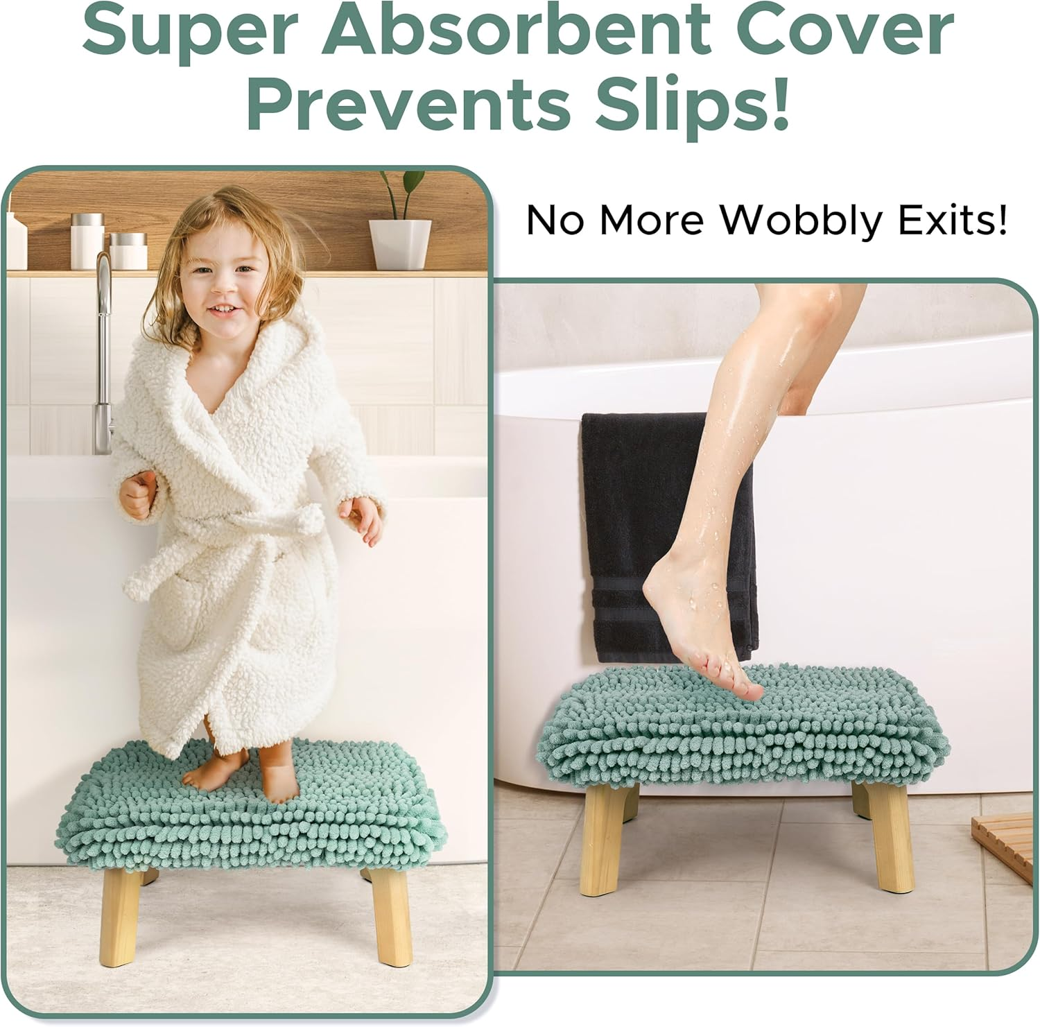 Sunlit One Step Stool with Absorbent Chenille, Stool Holds up to 550 Lbs, Non-Slip Wood Foot Stool, Wooden Step Stool for Adults, Step Stools for Kids, Kitchen Bathroom Bedroom, Mint image number 4