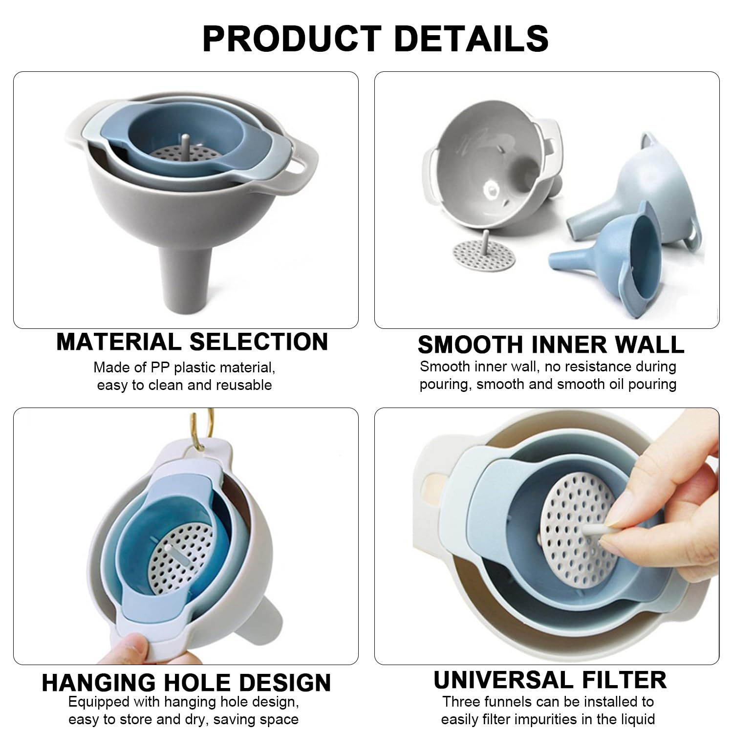 4-In-1 Kitchen Funnel Set with Strainer - Bpa-Free Plastic, 3 Sizes (2.5/4.6/12.8Cm), Kitchen Liquid Dispensing Filters Perfect for Oil, Liquid & Powder Transfer image number 1
