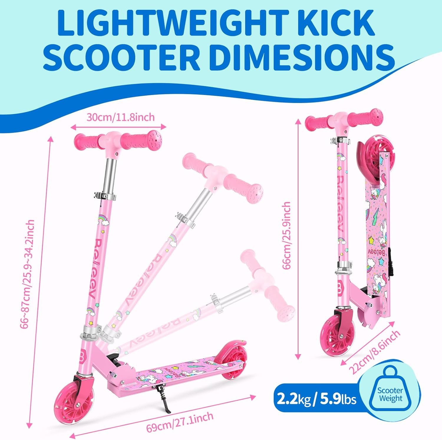 BELEEV V1 Scooters for Kids, 2 Wheel Folding Kick Scooter for Girls Boys, 3 Adjustable Height, Light up Wheels, Lightweight Scooter with Sturdy Frame, Kickstand for Children 3 to 12 Years Old image number 4