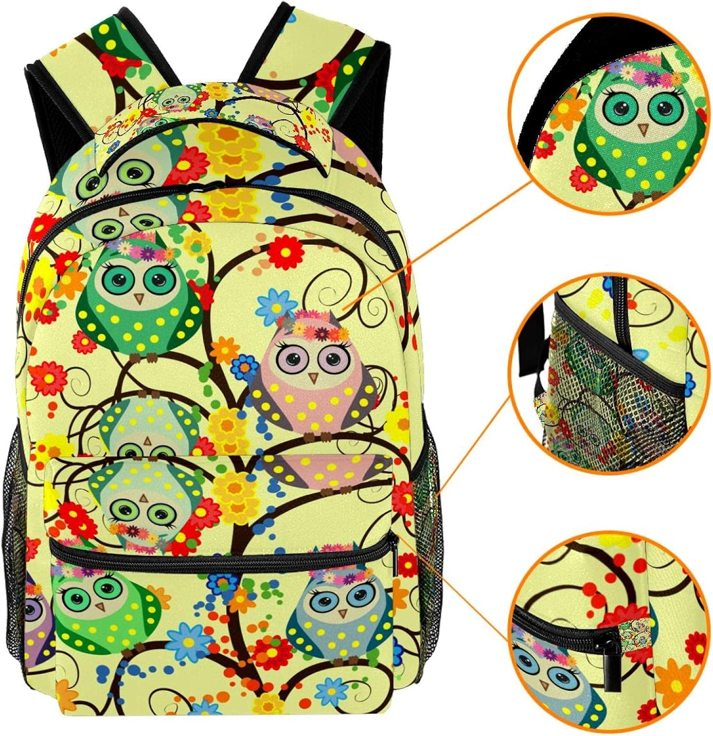 Cartoon Owls Sit on the Flowering Branches of Fantastic Trees Backpack Students Shoulder Bags Travel Bag College School Tote Backpacks image number 3