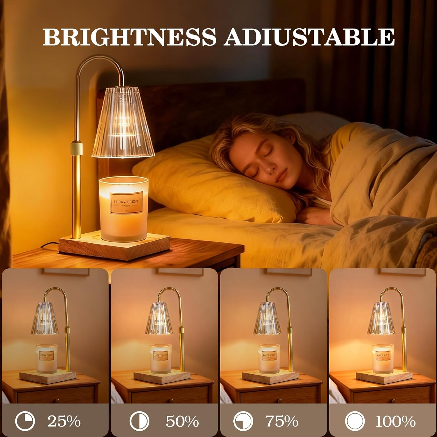 Koncle Candle Warmer Lamp with Timer Dimmable, Modern Champagne Glass Shade Table Lamp, Scented Candles Warmer with 2 GU10 Bulbs for Home Decor(Wooden Base) image number 2