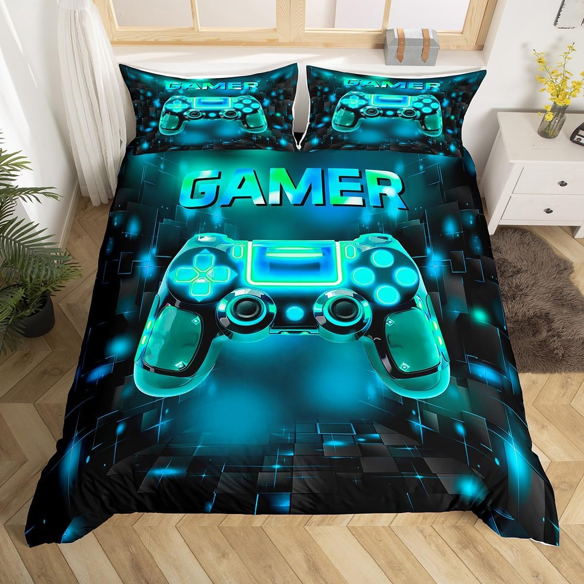 3 Pieces Watercolor Blue Game Duvet Cover Not Comforter,Neon Gamepad Kids Boys Gamer Bedroom Gift Bedding Set,Geometry Grids Square Modern Style All Season Bedding Queen Size image number 3